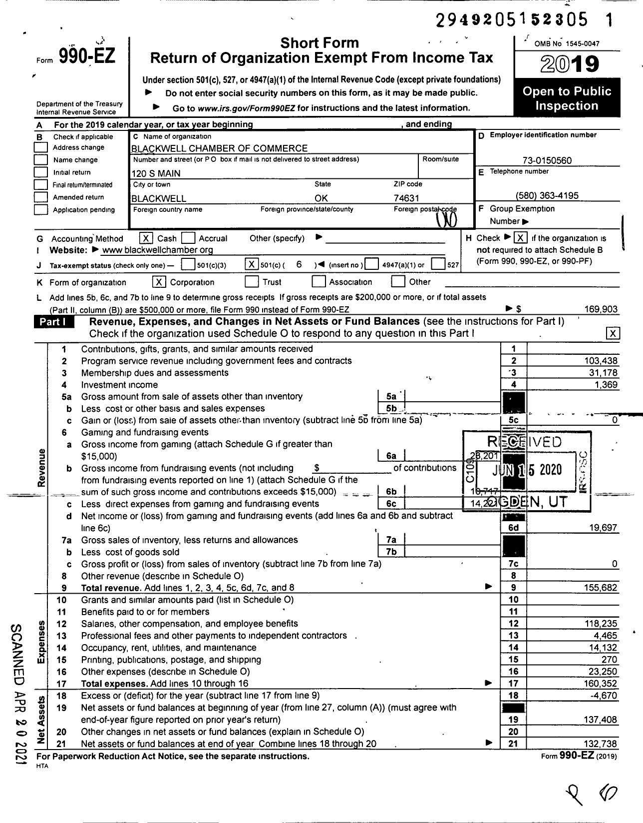 Image of first page of 2019 Form 990EO for Blackwell Chamber of Commerce