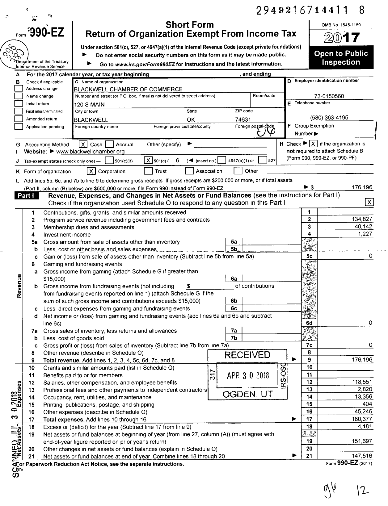 Image of first page of 2017 Form 990EO for Blackwell Chamber of Commerce