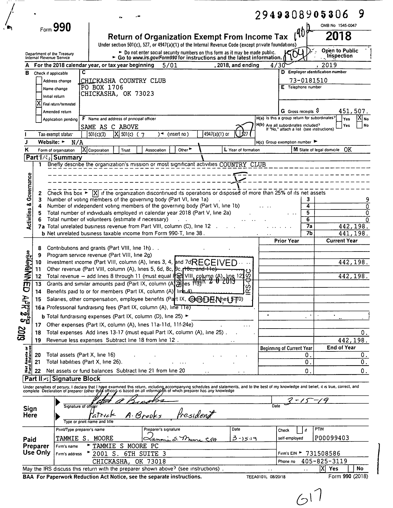 Image of first page of 2018 Form 990O for Chickasha Country Club Rural Route No 2