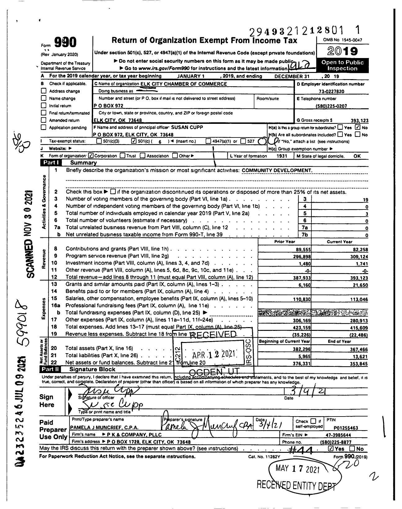 Image of first page of 2019 Form 990O for Elk City Chamber of Commerce