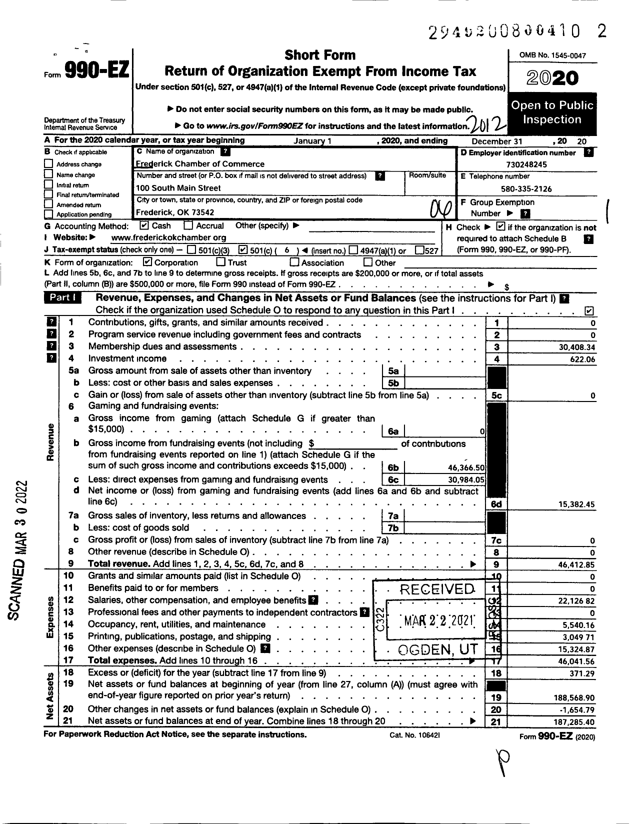 Image of first page of 2020 Form 990EO for Frederick Chamber of Commerce