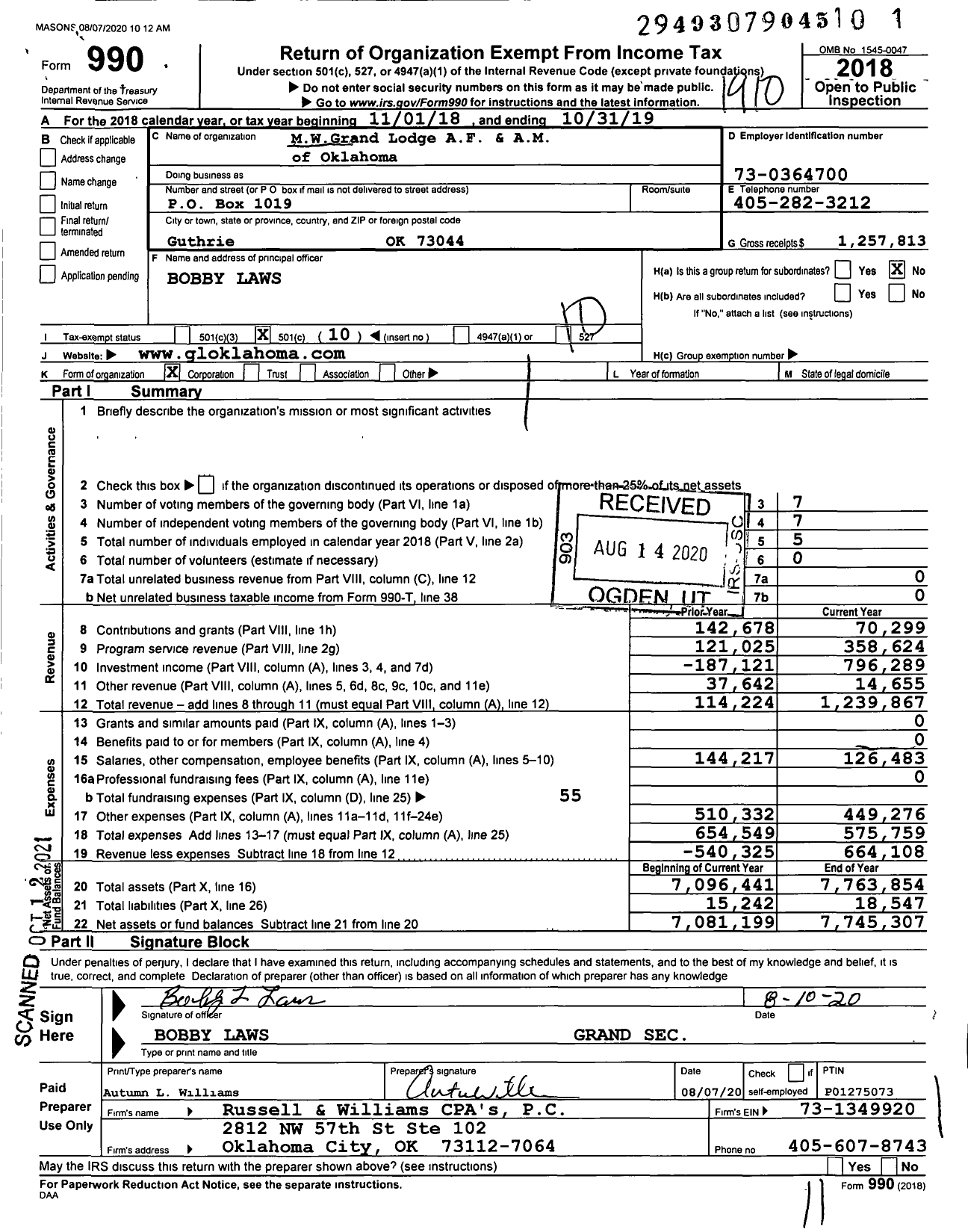 Image of first page of 2018 Form 990O for Ancient Free and Accepted Masons of Oklahoma