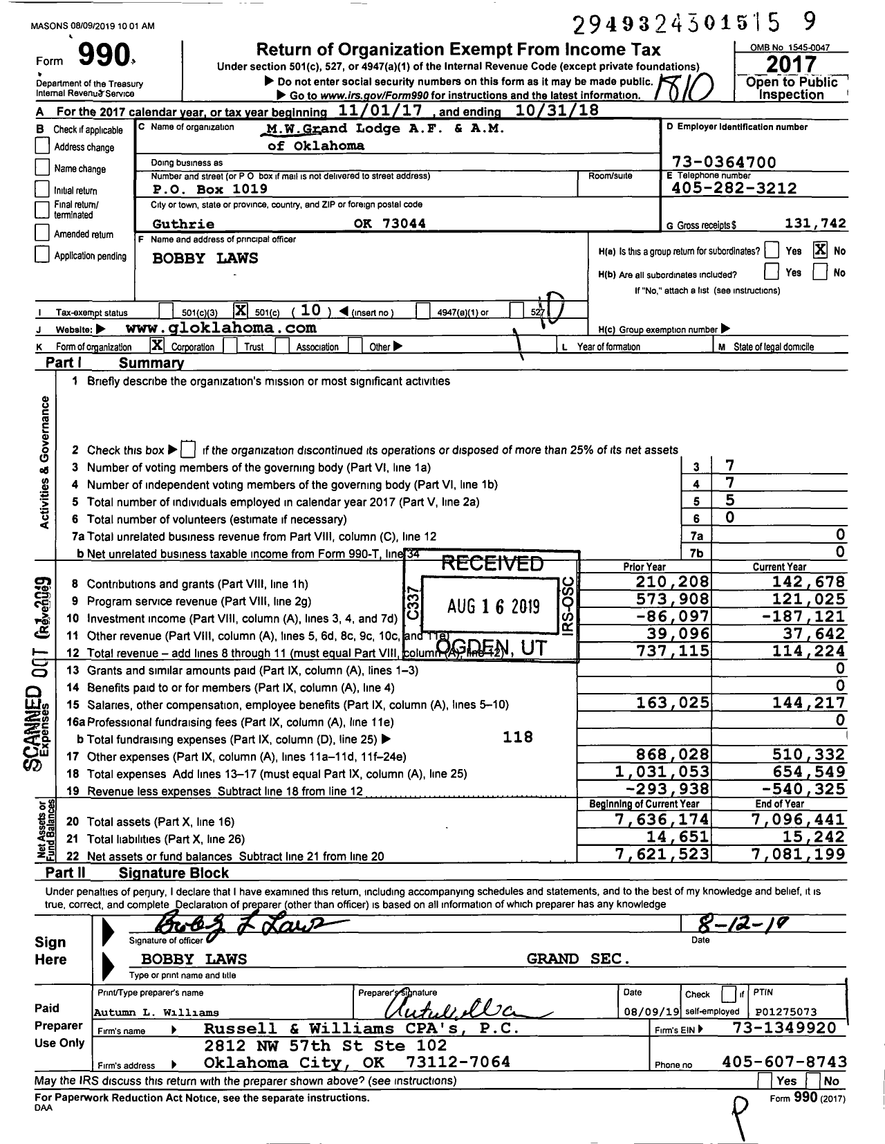 Image of first page of 2017 Form 990O for Ancient Free and Accepted Masons of Oklahoma