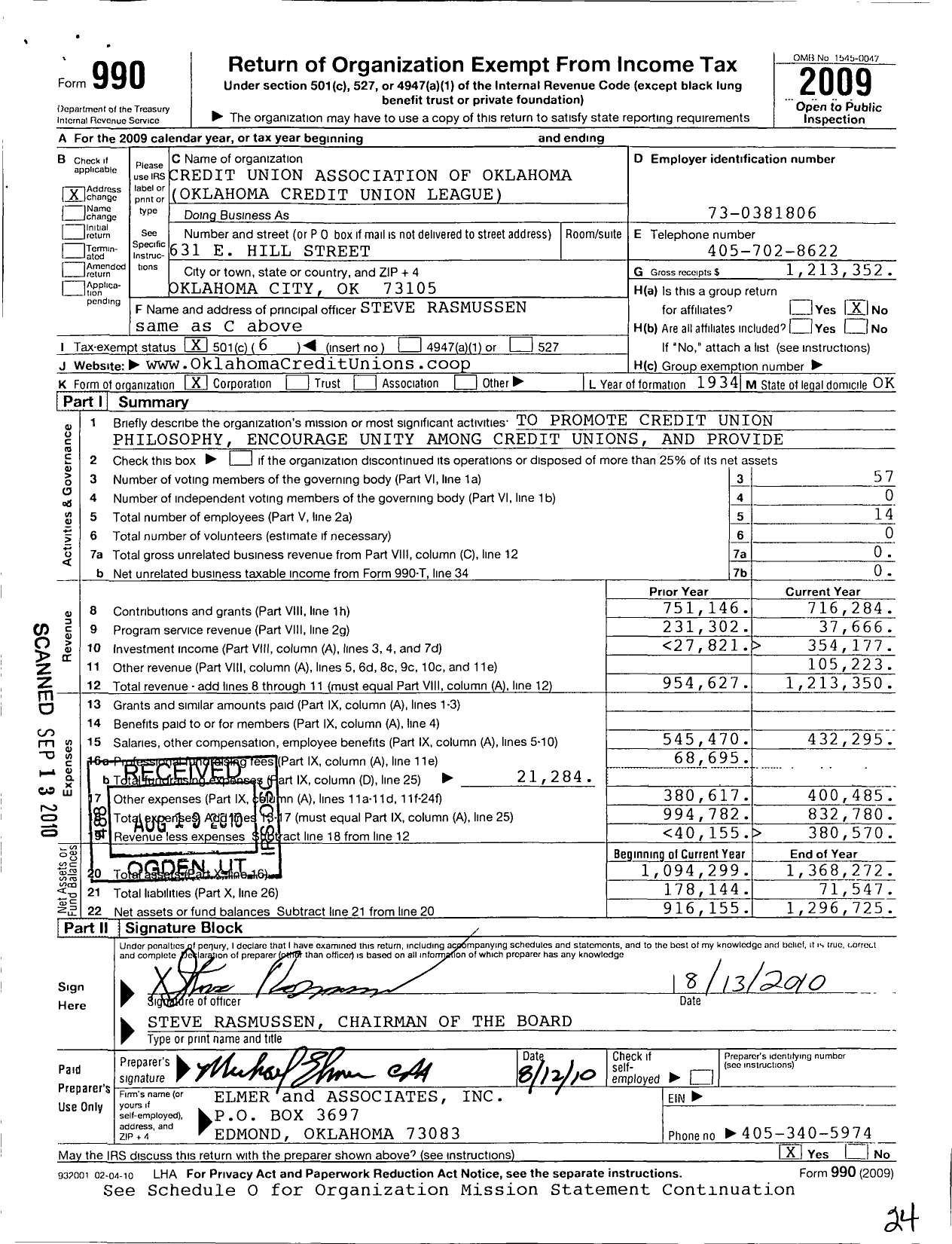 Image of first page of 2009 Form 990O for Credit Union Association of Oklahoma