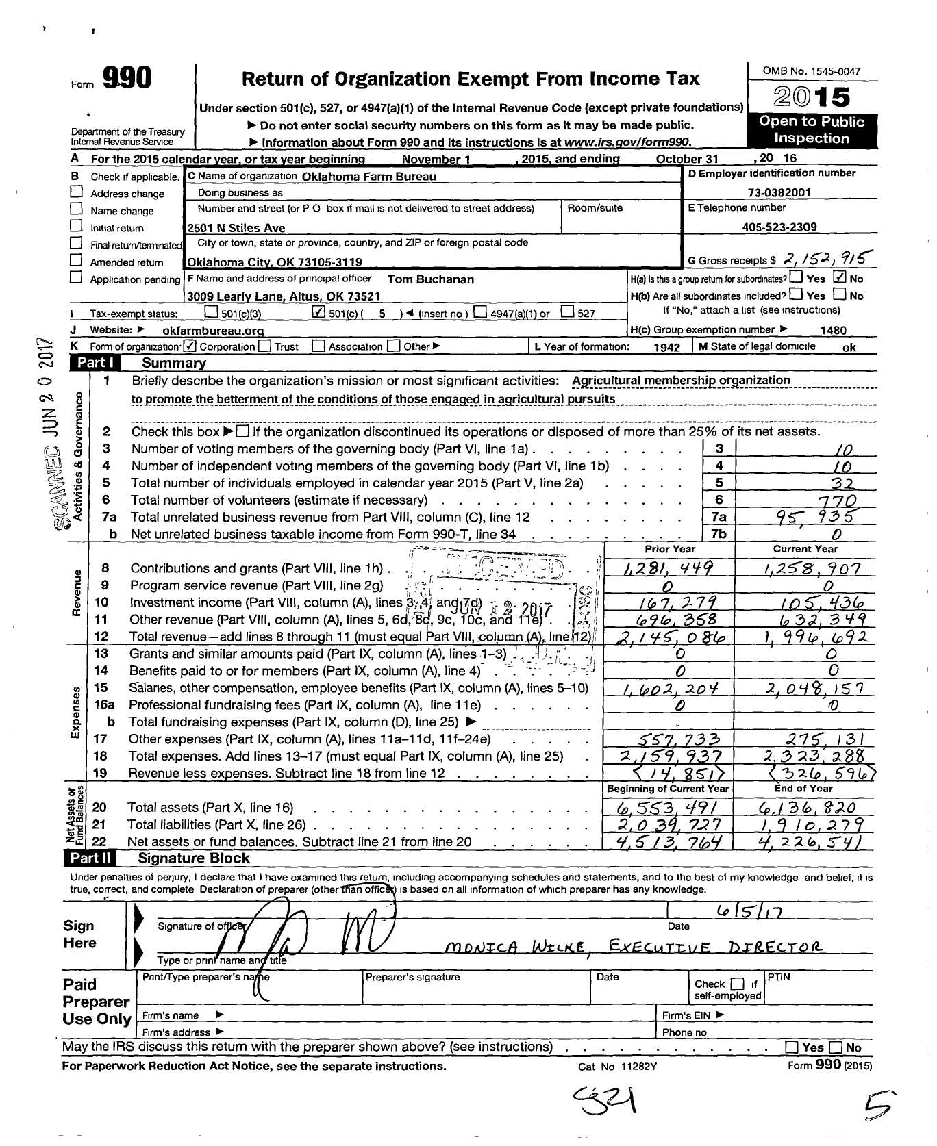 Image of first page of 2015 Form 990O for Oklahoma Farm Bureau