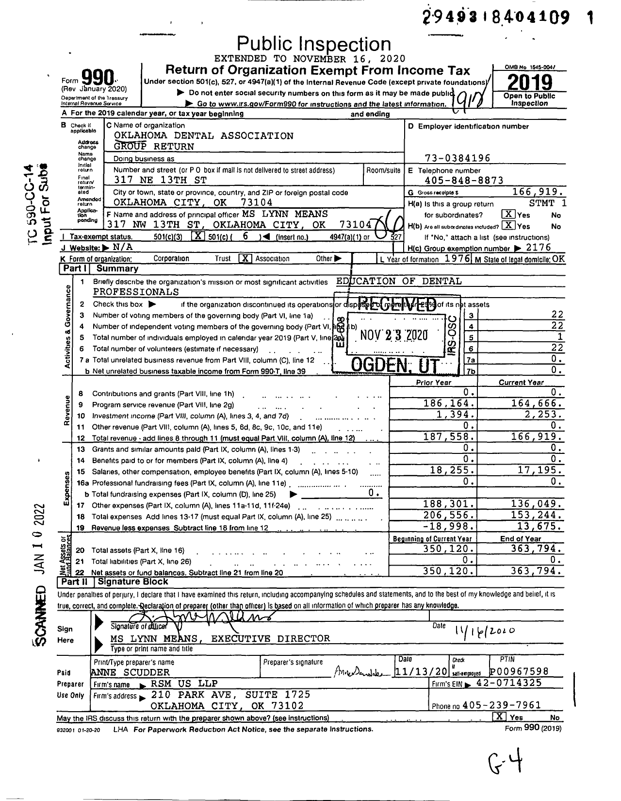 Image of first page of 2019 Form 990O for Oklahoma Dental Association (ODA)