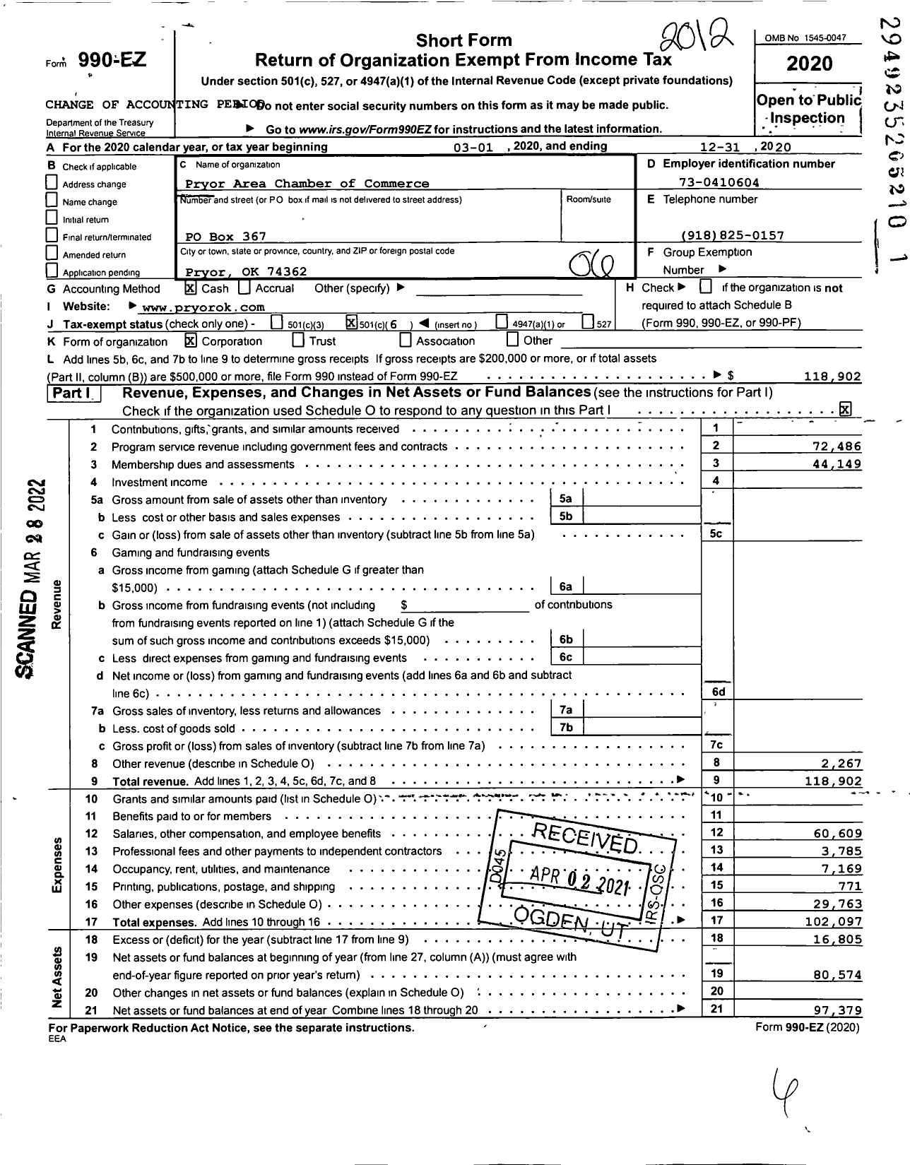 Image of first page of 2020 Form 990EO for Pryor Area Chamber of Commerce