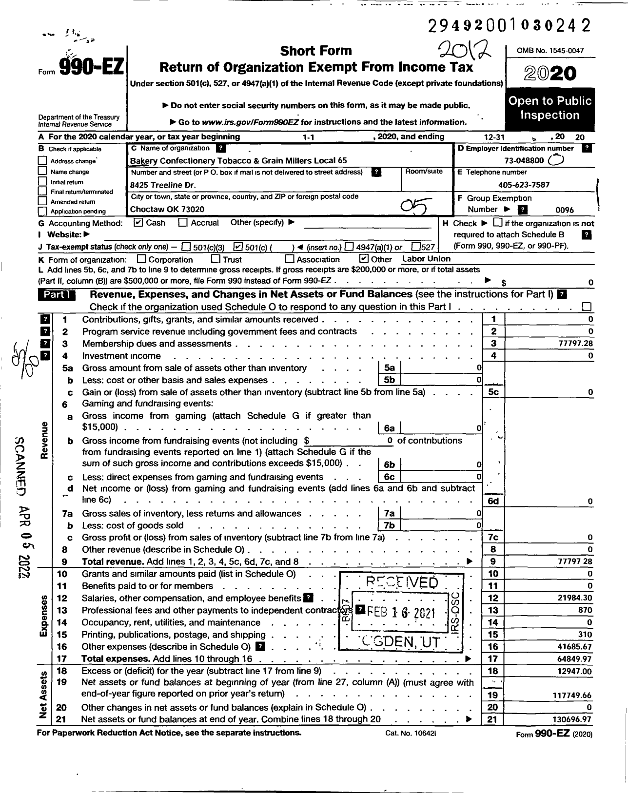 Image of first page of 2020 Form 990EO for BCTGM International Union - 65