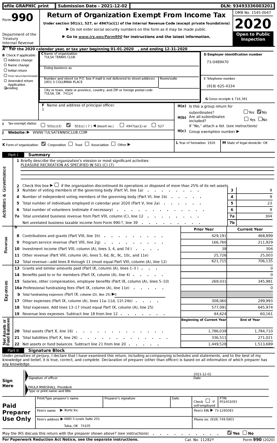 Image of first page of 2020 Form 990 for Tulsa Tennis Club