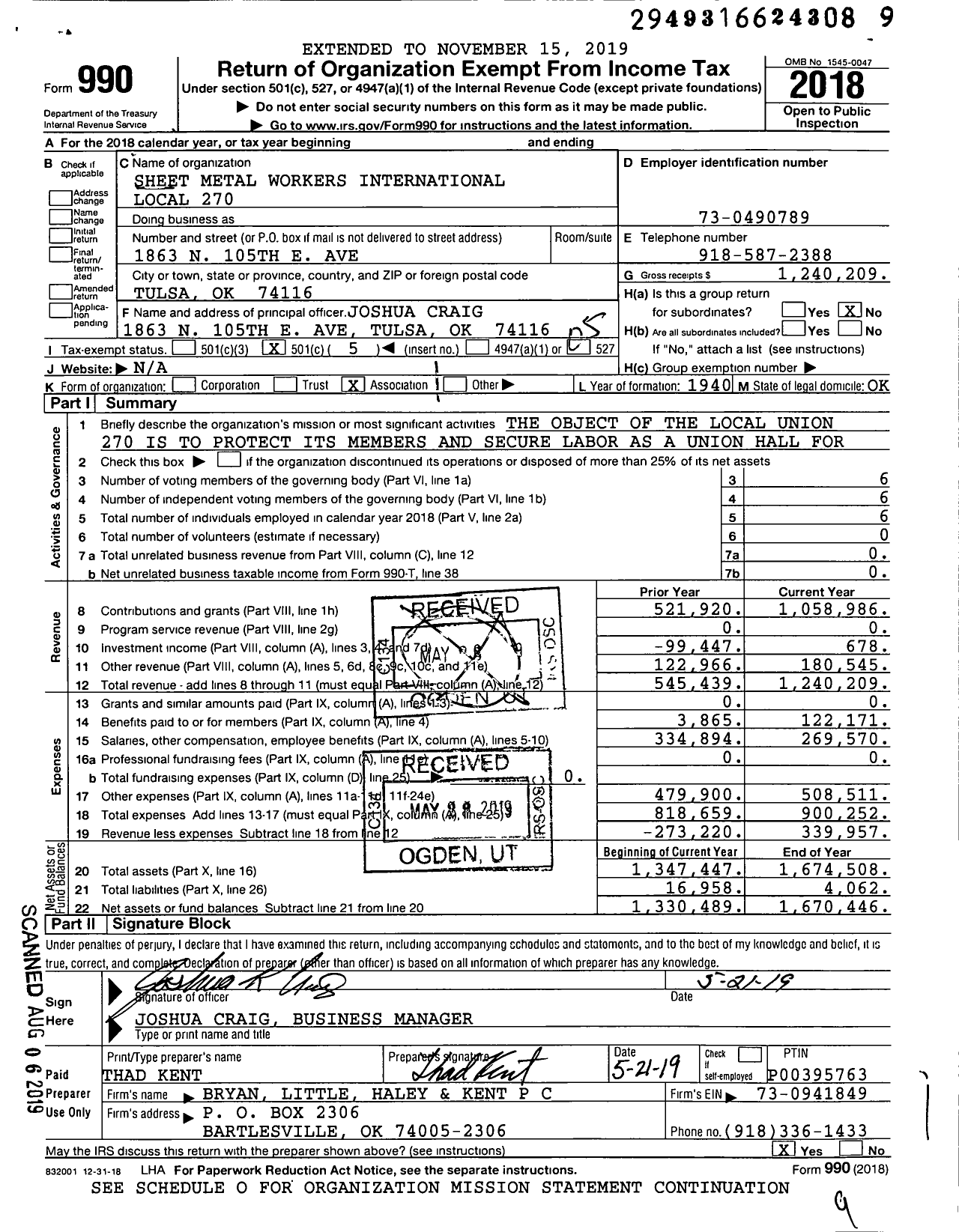 Image of first page of 2018 Form 990O for Smart Union - 270 SM