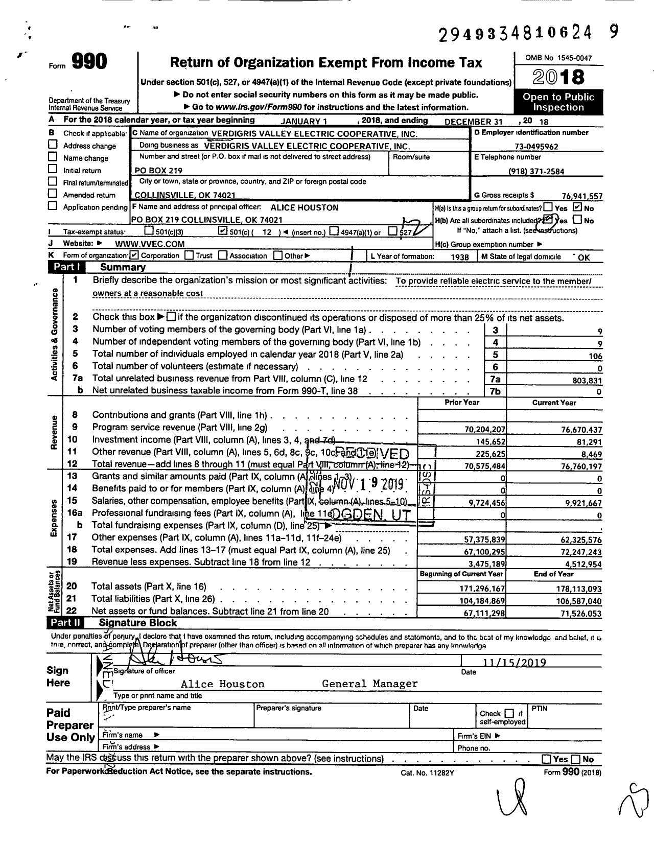 Image of first page of 2018 Form 990O for Verdigris Valley Electric Cooperative