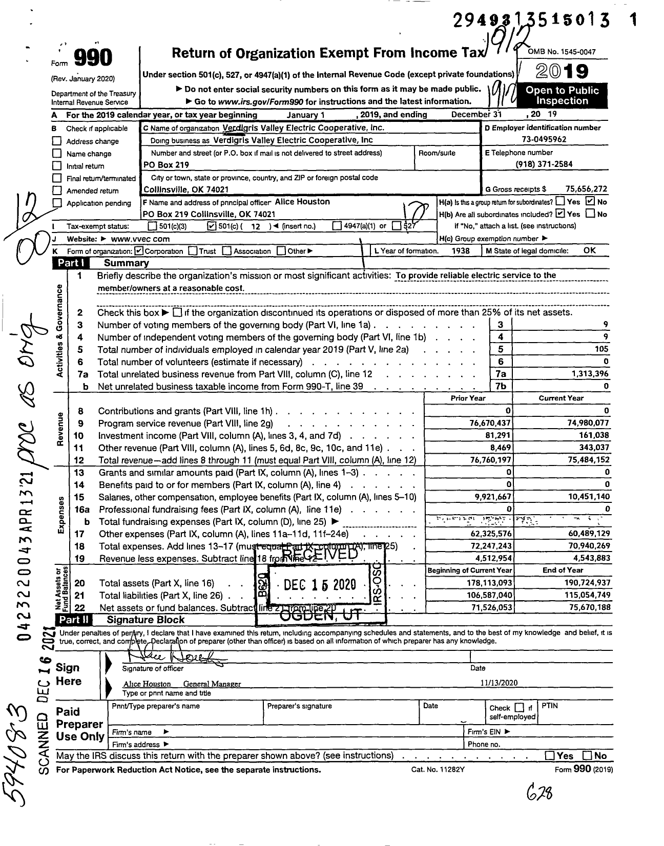Image of first page of 2019 Form 990O for Verdigris Valley Electric Cooperative
