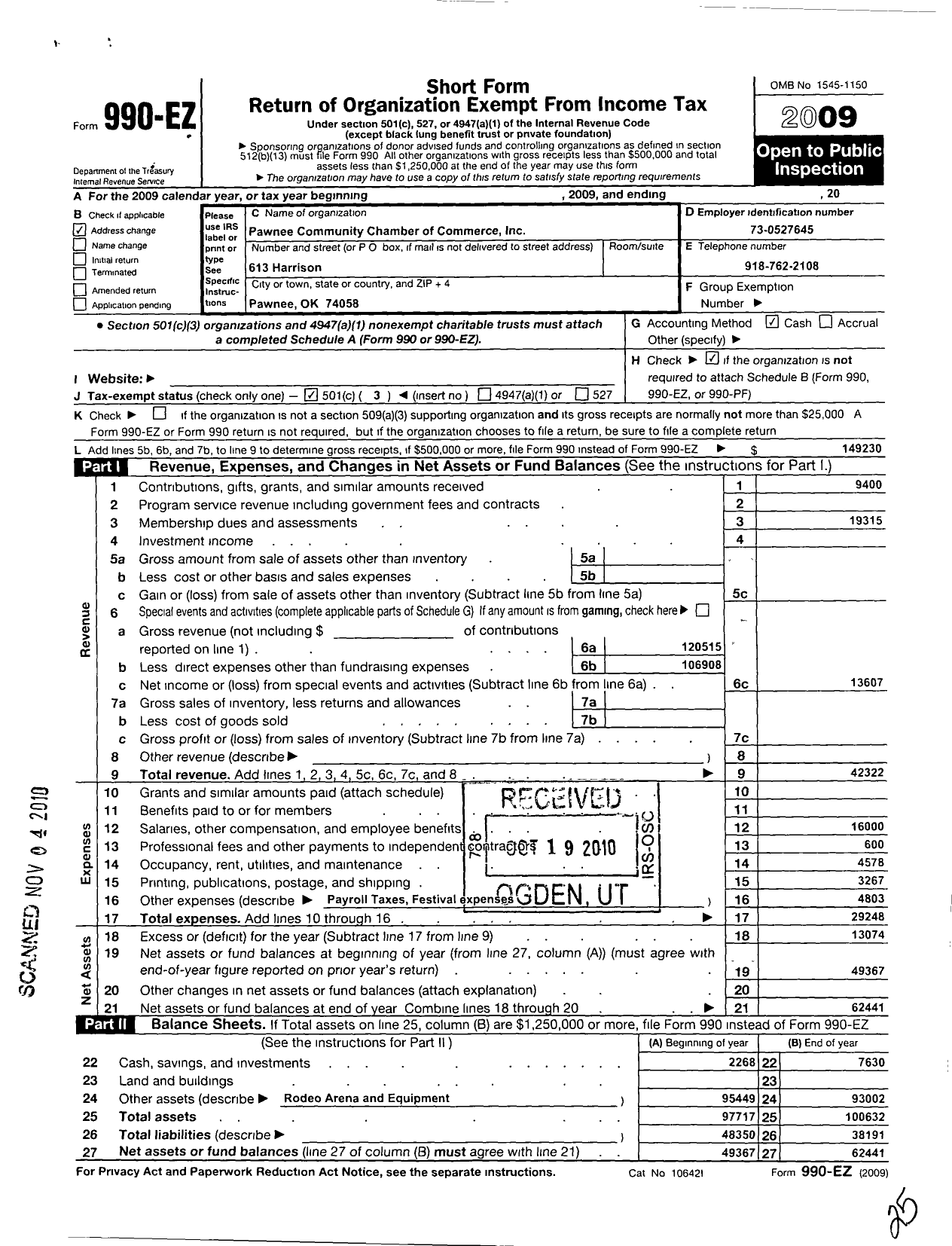 Image of first page of 2009 Form 990EZ for Pawnee Community Chamber of Commerce