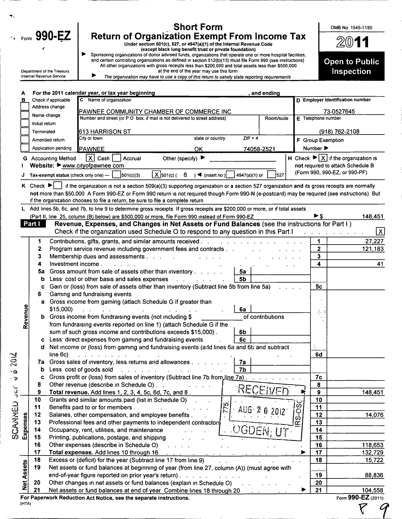 Image of first page of 2011 Form 990EO for Pawnee Community Chamber of Commerce