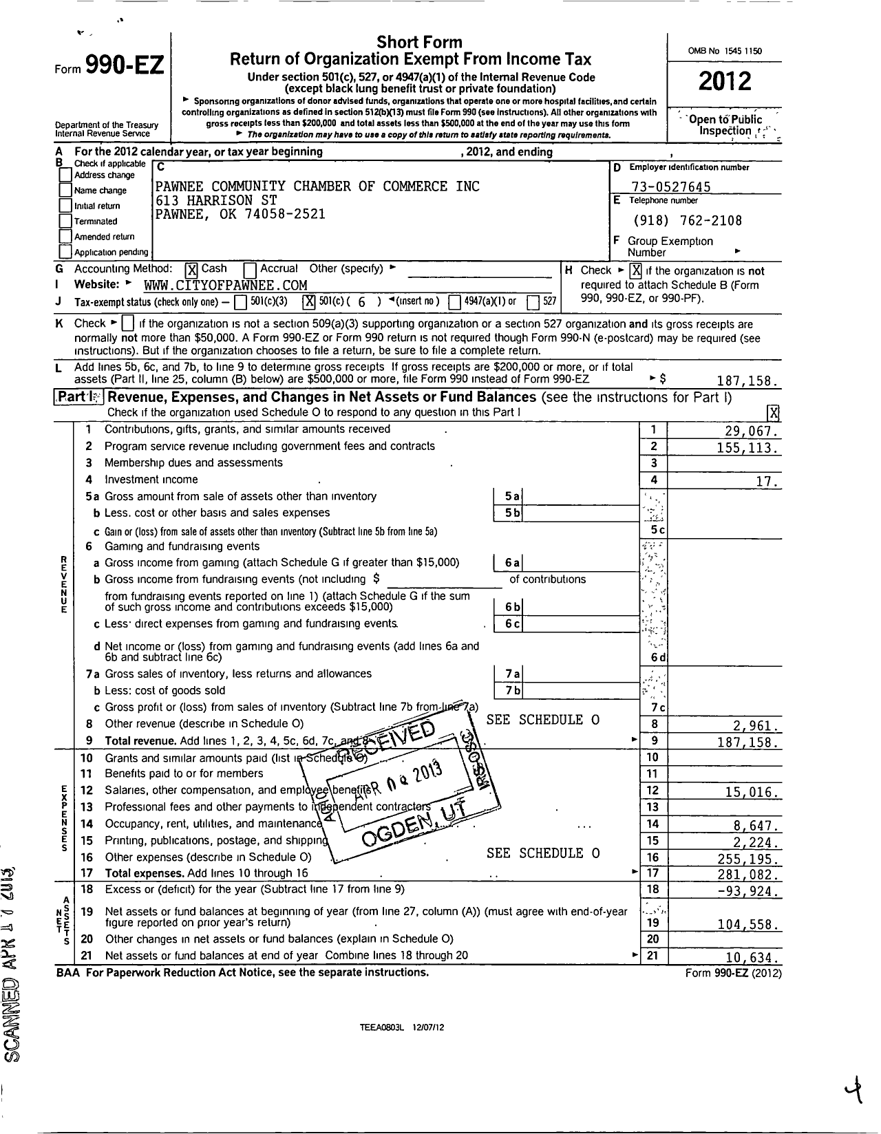 Image of first page of 2012 Form 990EO for Pawnee Community Chamber of Commerce