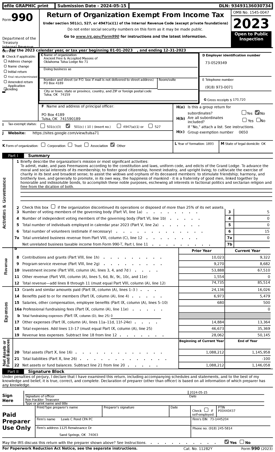 Image of first page of 2023 Form 990 for Ancient Free and Accepted Masons of Oklahoma - 71 Tulsa