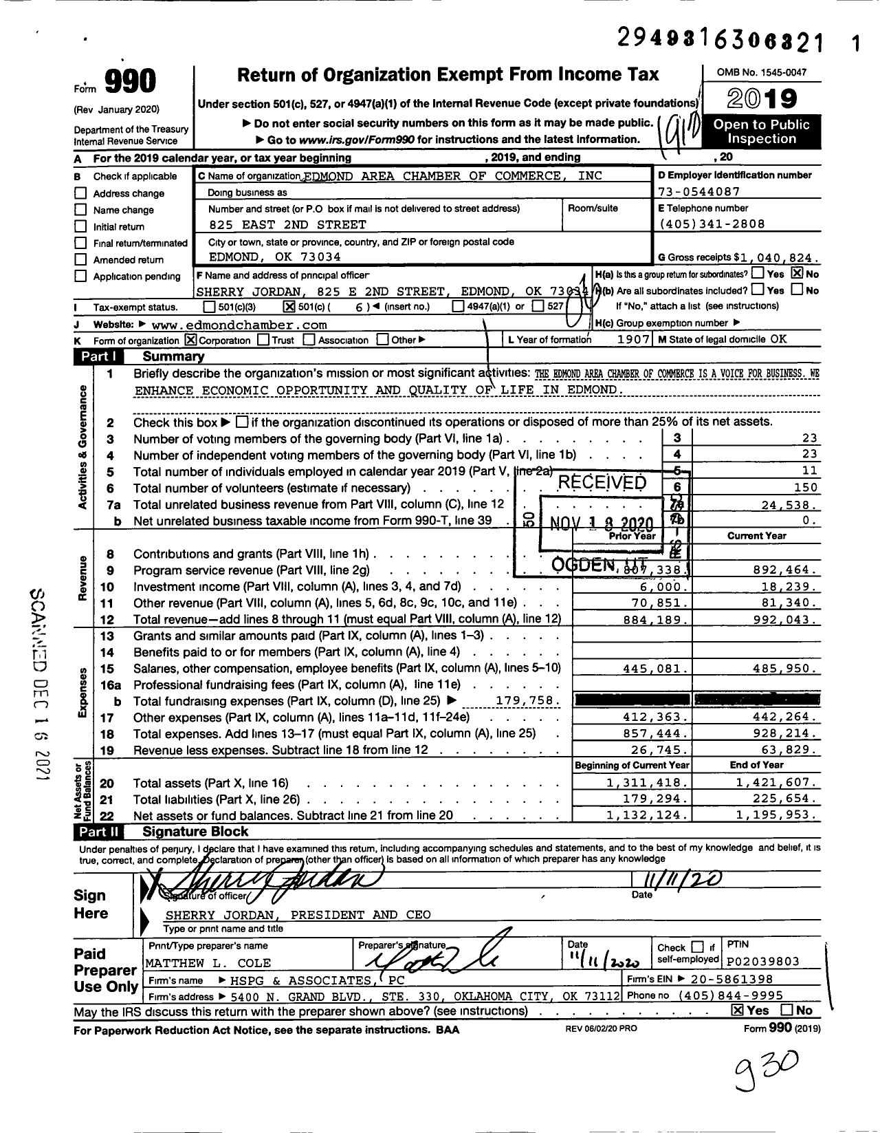 Image of first page of 2019 Form 990O for Edmond Area Chamber of Commerce