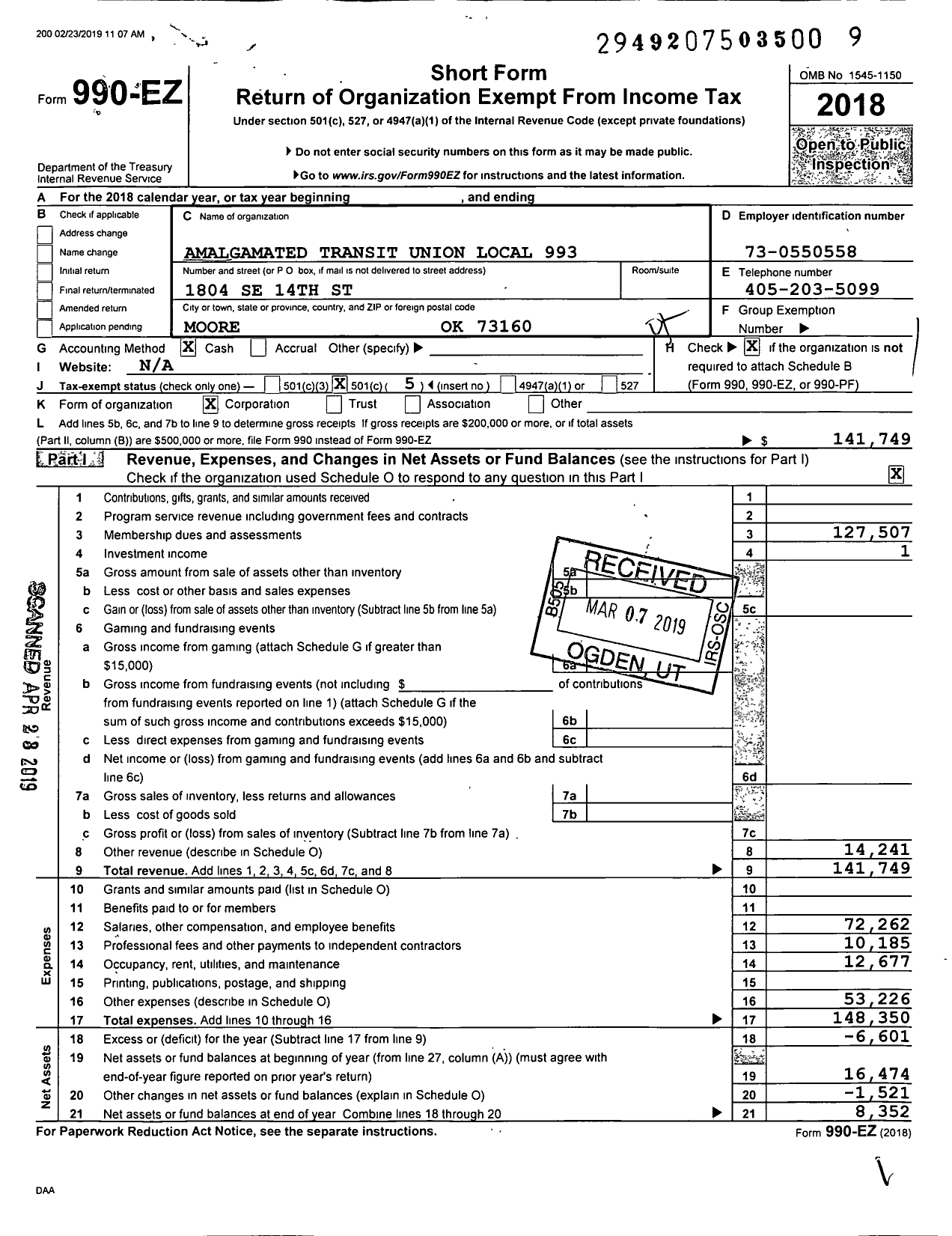 Image of first page of 2018 Form 990EO for Amalgamated Transit Union Local 993