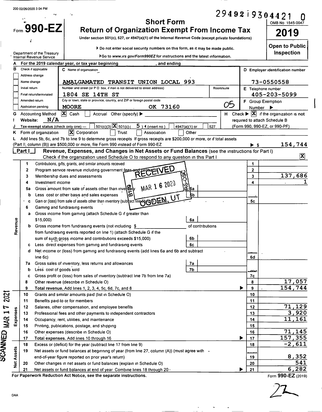 Image of first page of 2019 Form 990EO for Amalgamated Transit Union - 993 Local