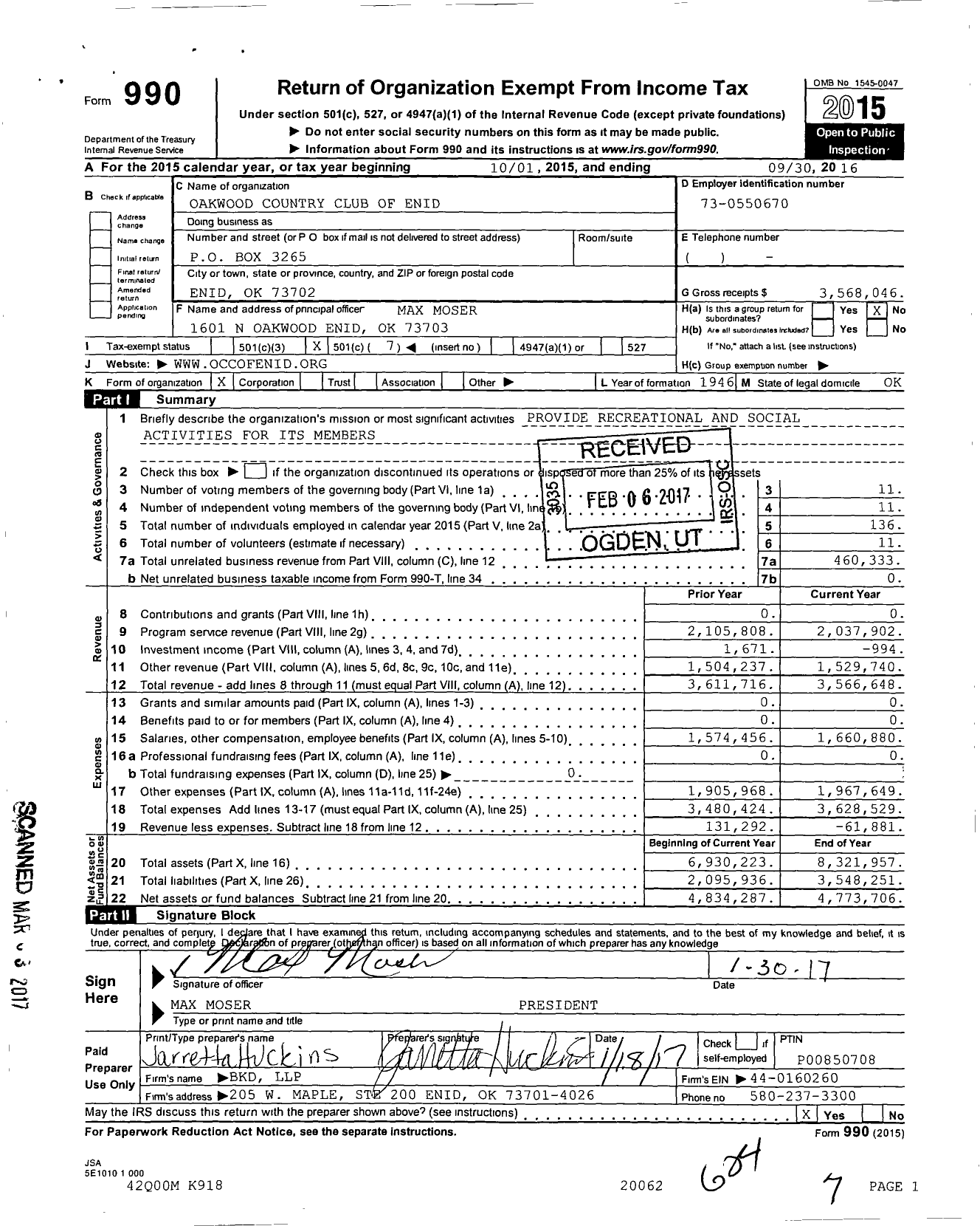 Image of first page of 2015 Form 990O for Oakwood Country Club of Enid