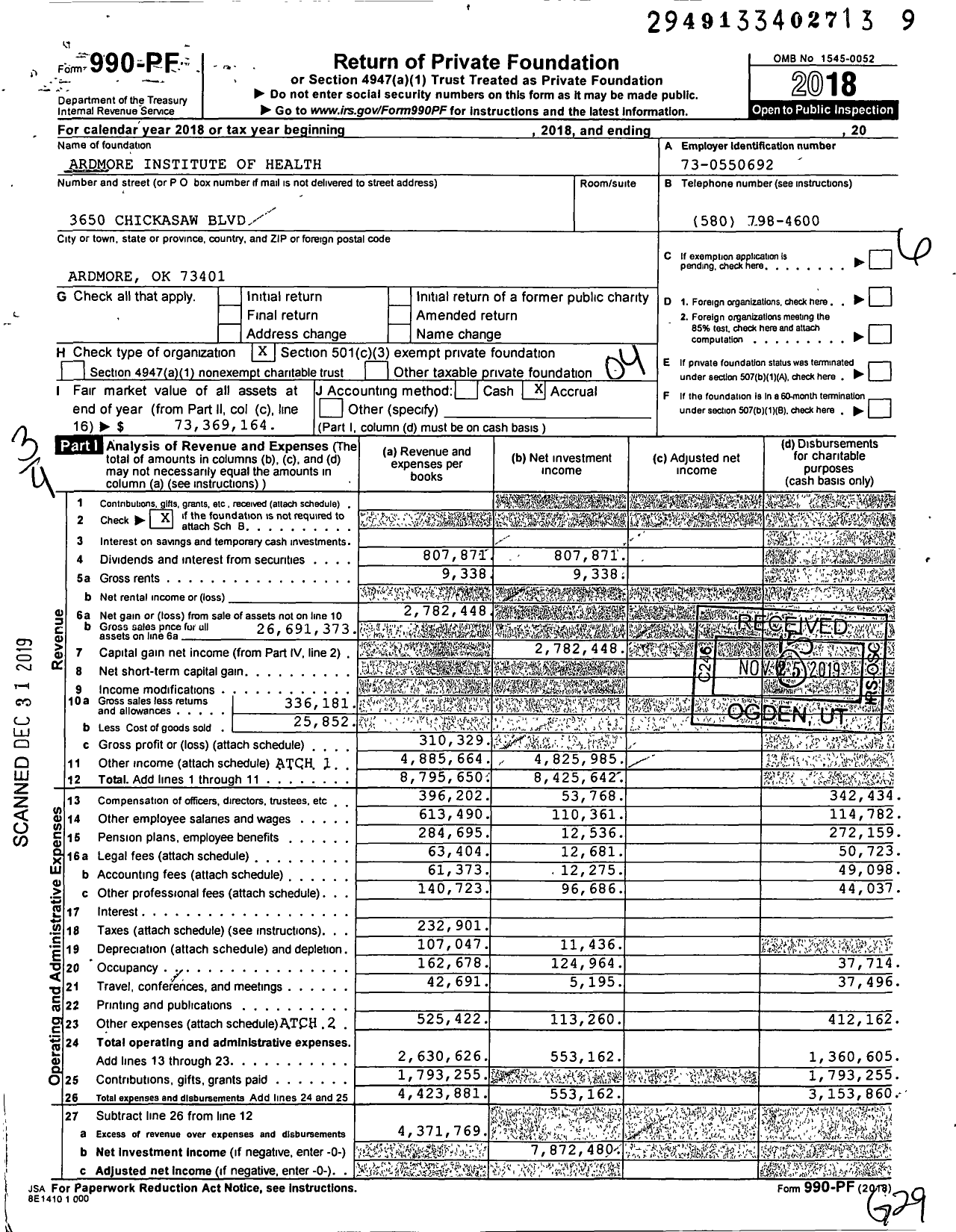 Image of first page of 2018 Form 990PF for Ardmore Institute of Health / Lifestyle Centers of America