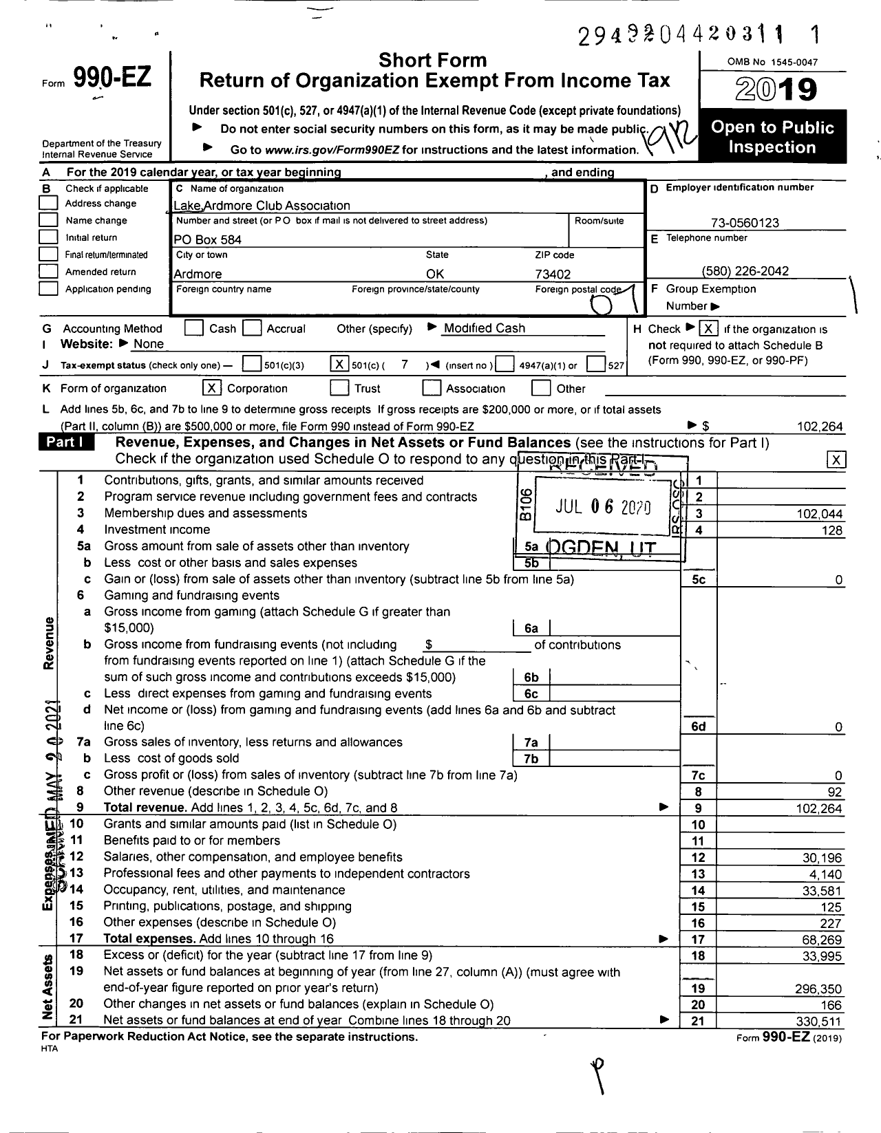 Image of first page of 2019 Form 990EO for Lake Ardmore Club Association