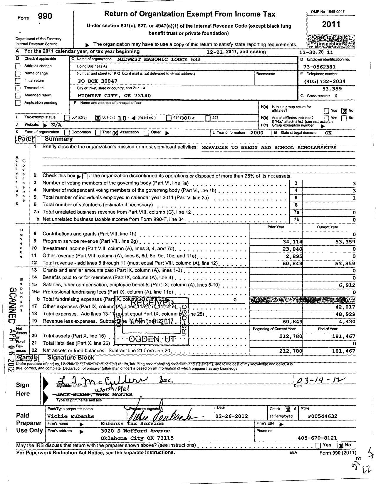 Image of first page of 2010 Form 990O for Ancient Free and Accepted Masons of Oklahoma - 532 Midwest City