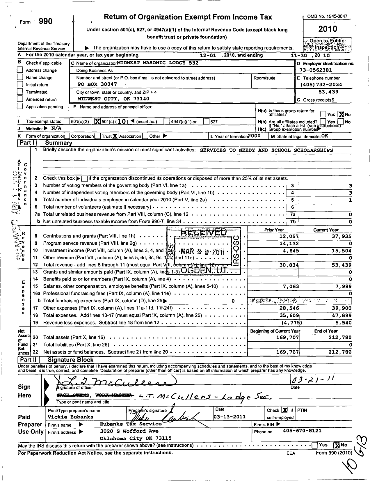 Image of first page of 2009 Form 990O for Ancient Free and Accepted Masons of Oklahoma - 532 Midwest City