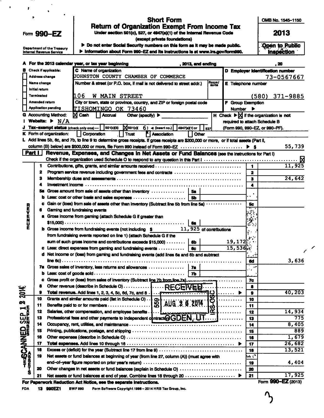 Image of first page of 2013 Form 990EO for Johnston County Chamber of Commerce