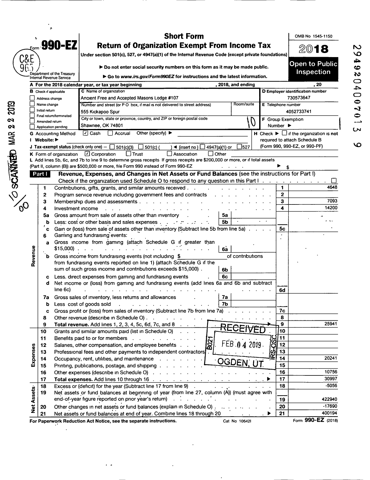 Image of first page of 2018 Form 990EO for Ancient Free and Accepted Masons of Oklahoma - 107 Composite