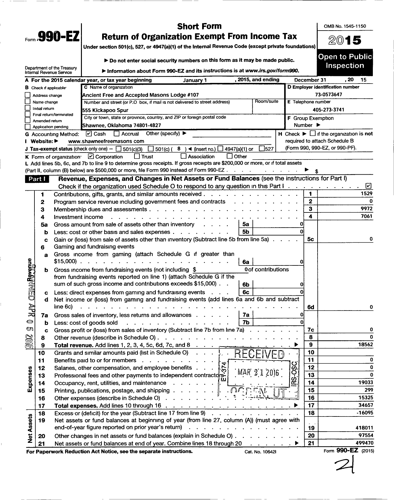 Image of first page of 2015 Form 990EO for Ancient Free and Accepted Masons of Oklahoma - 107 Composite