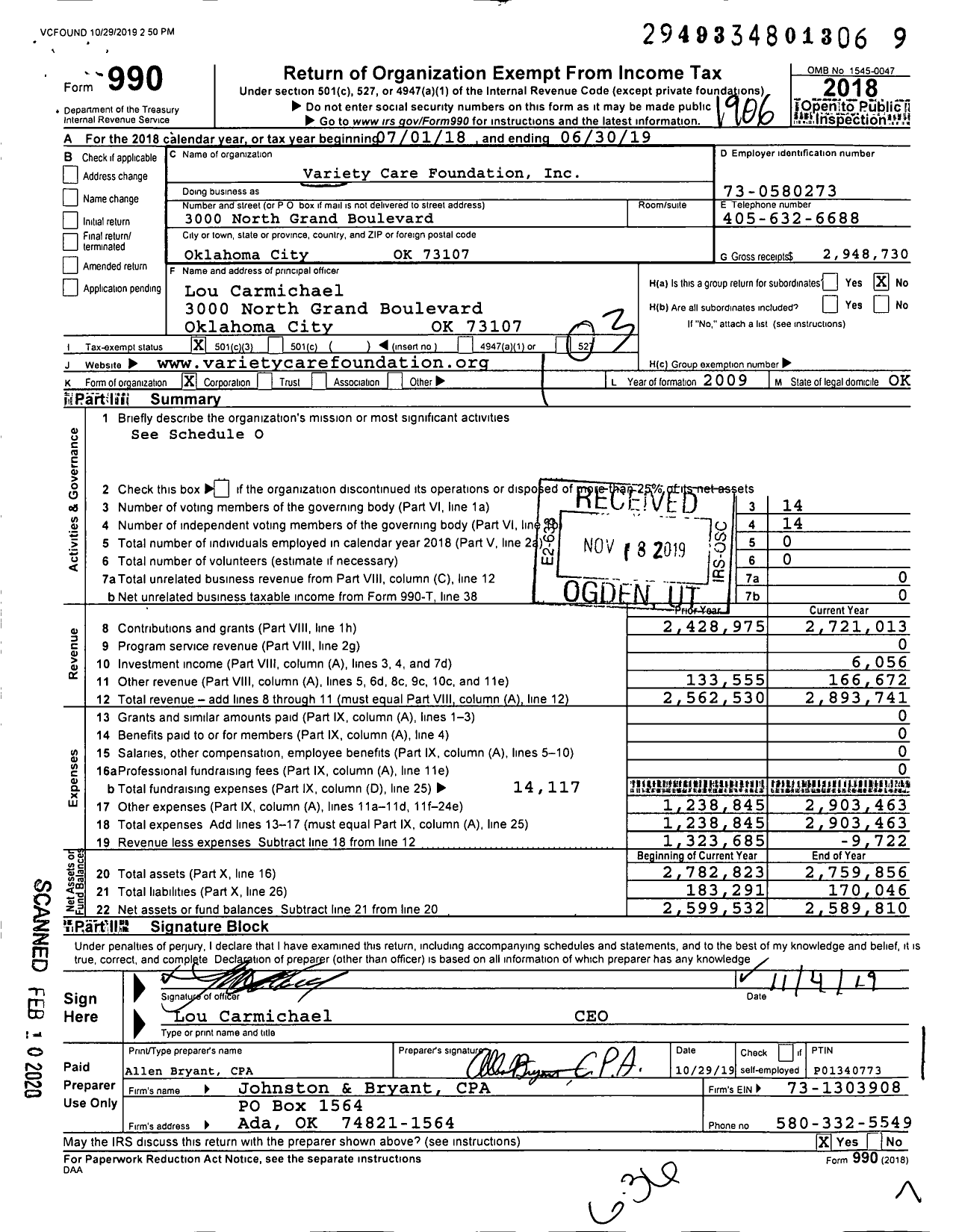 Image of first page of 2018 Form 990 for Variety Care Foundation