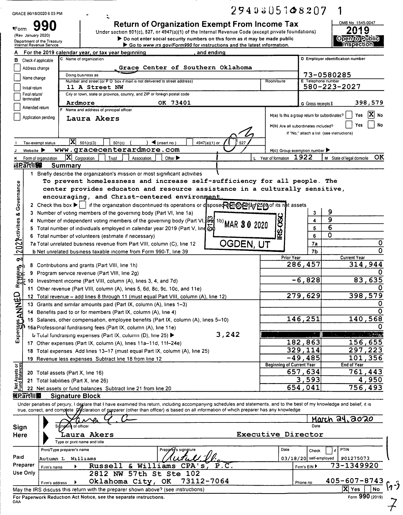 Image of first page of 2019 Form 990 for Grace Center of Southern Oklahoma