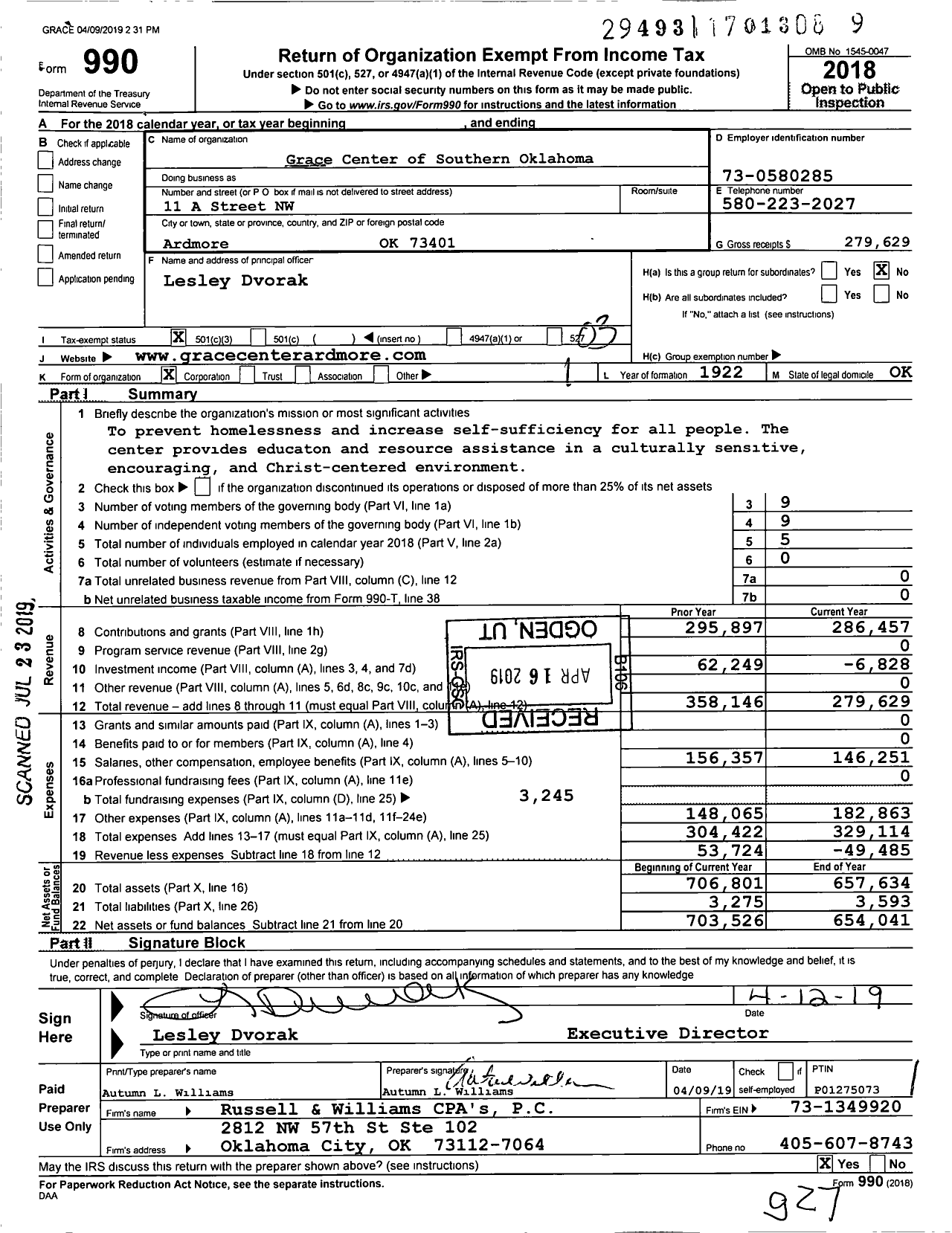 Image of first page of 2018 Form 990 for Grace Center of Southern Oklahoma