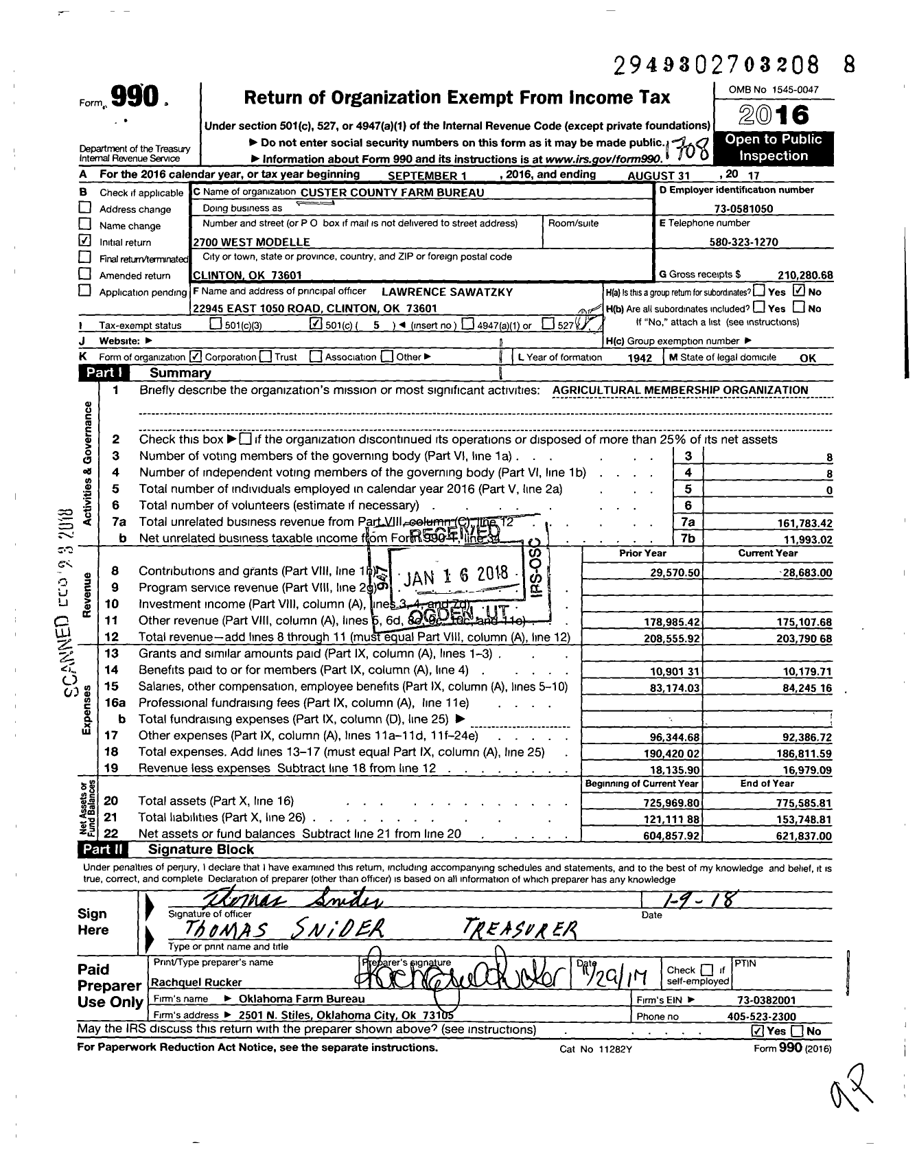 Image of first page of 2016 Form 990O for Oklahoma Farm Bureau - Custer County