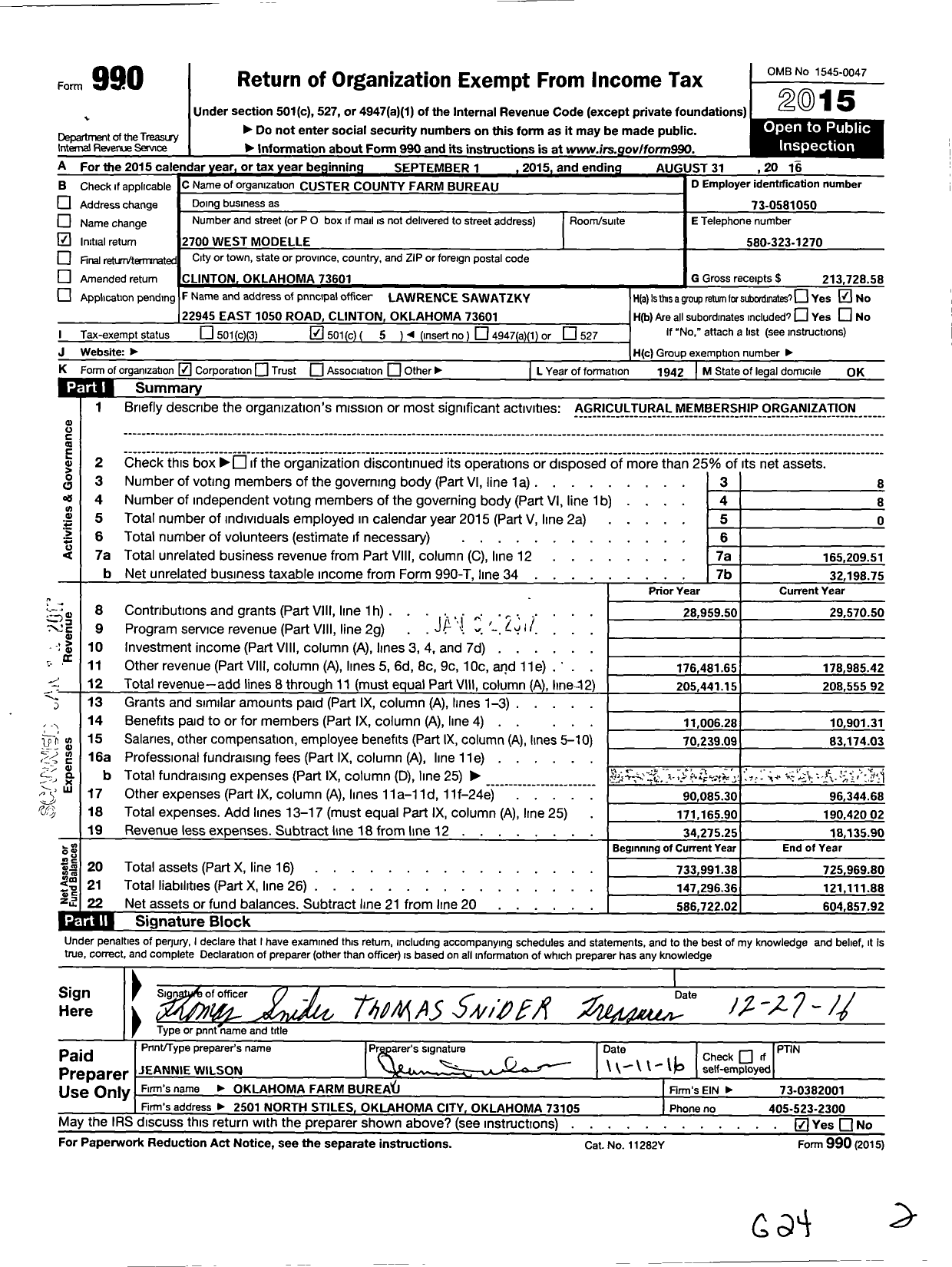 Image of first page of 2015 Form 990O for Oklahoma Farm Bureau - Custer County