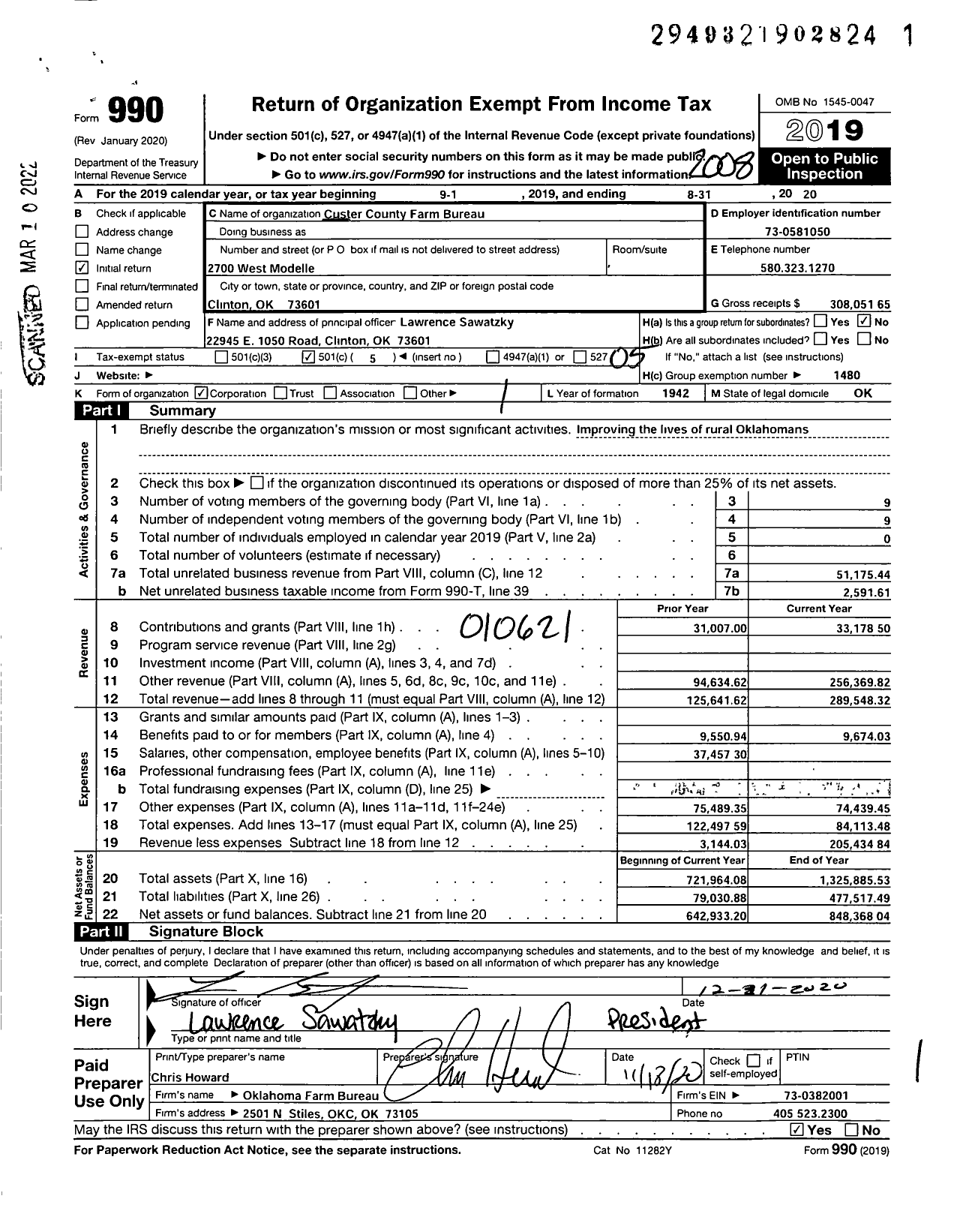 Image of first page of 2019 Form 990O for Oklahoma Farm Bureau - Custer County