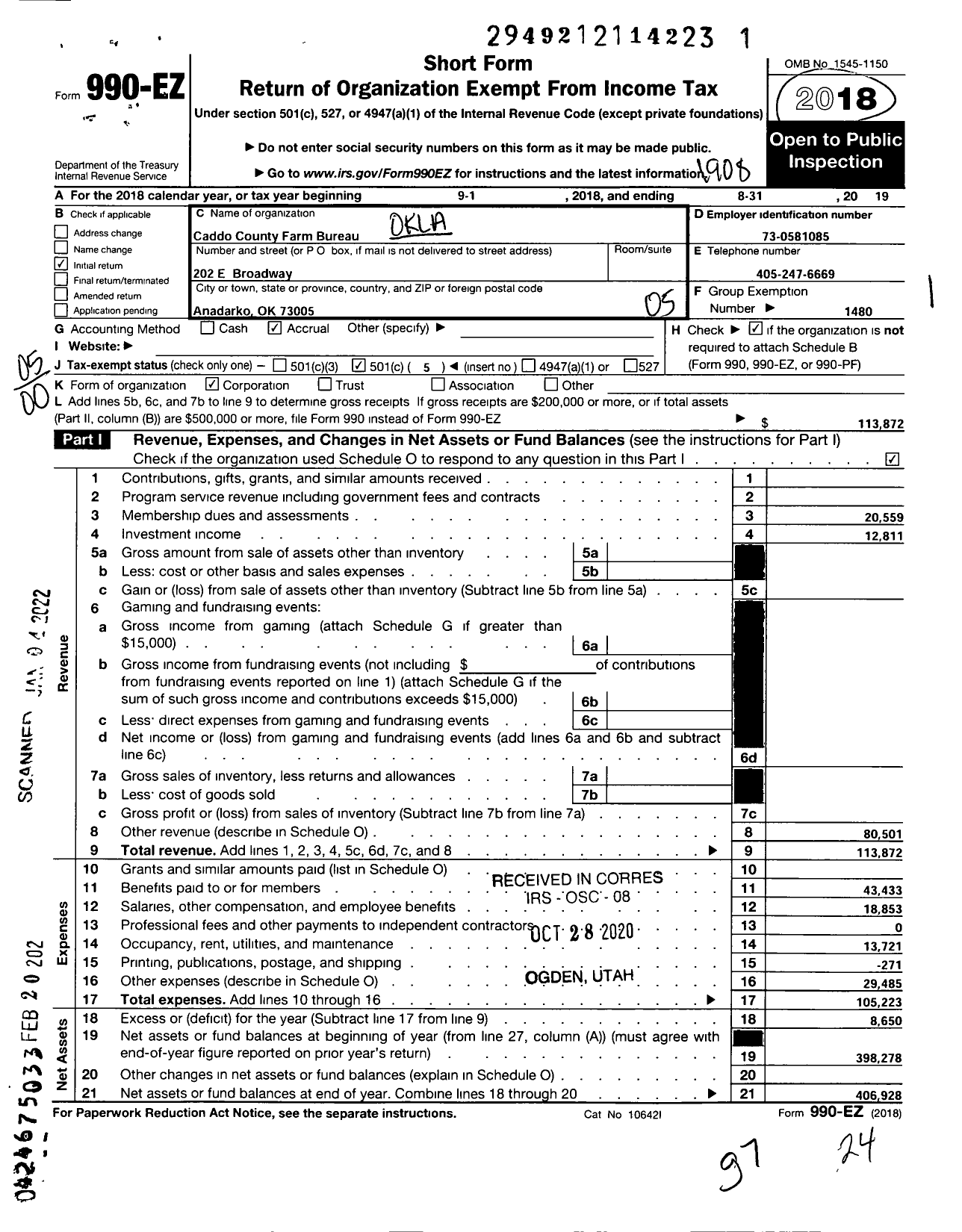 Image of first page of 2018 Form 990EO for Oklahoma Farm Bureau - Caddo County