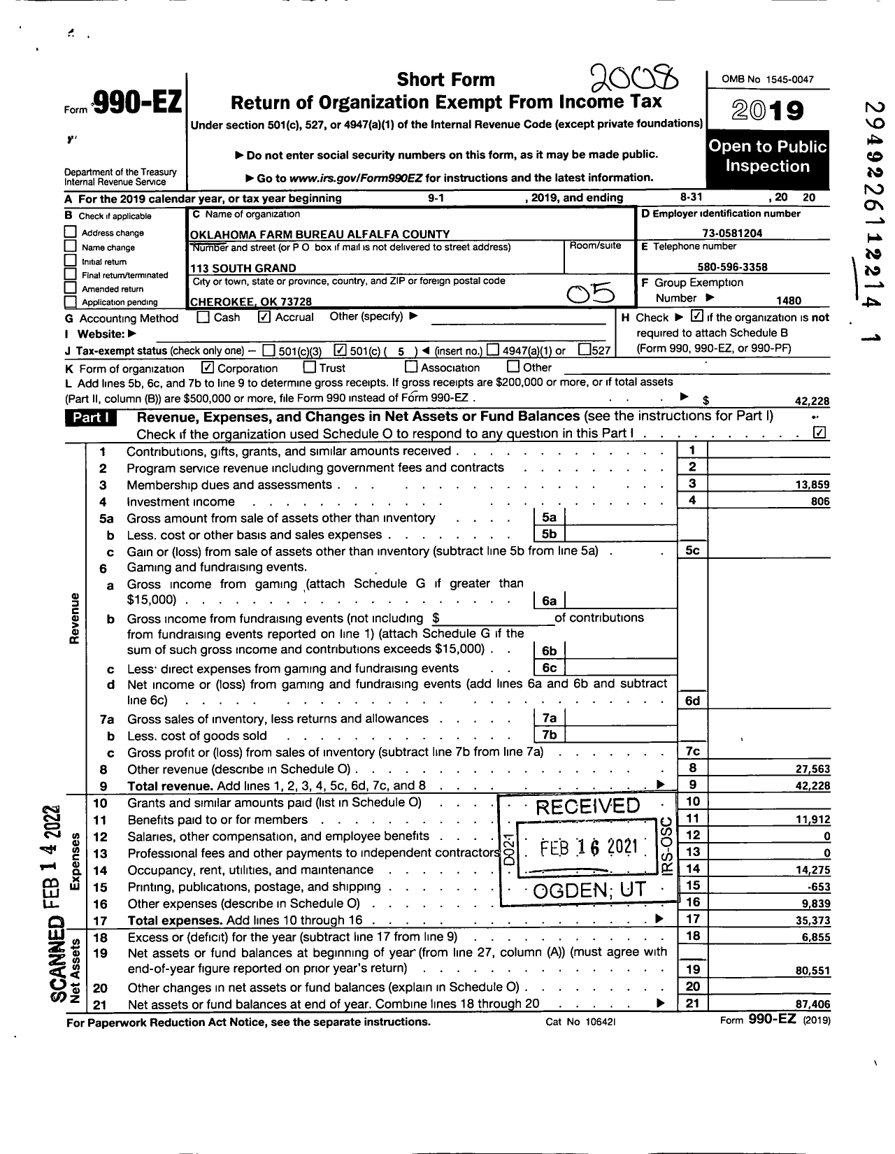 Image of first page of 2019 Form 990EO for Oklahoma Farm Bureau - Alfalfa County