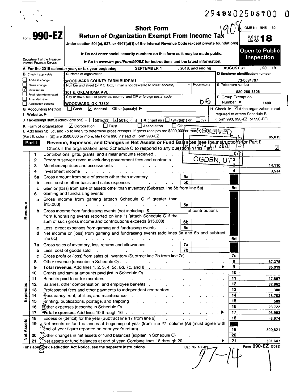 Image of first page of 2018 Form 990EO for Oklahoma Farm Bureau - Woodward County