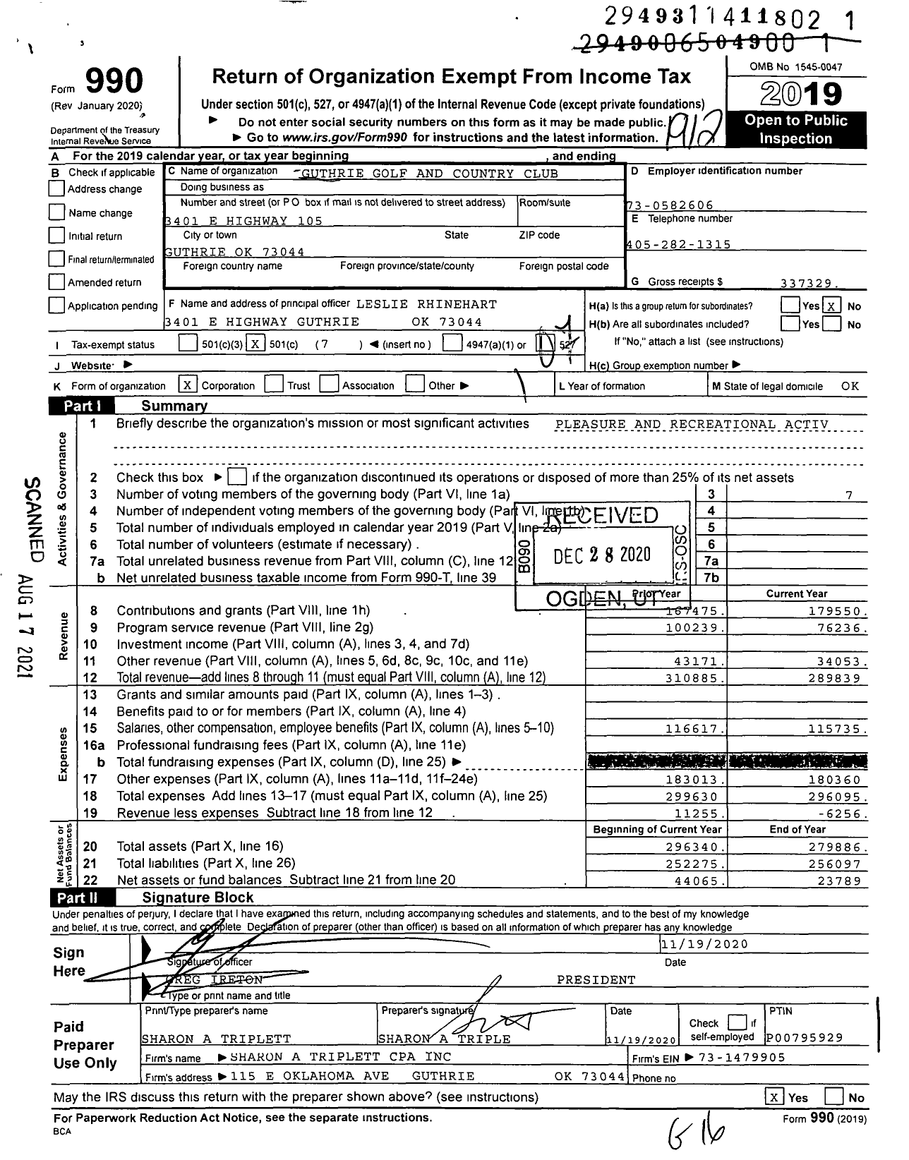 Image of first page of 2019 Form 990O for Guthrie Golf and Country Club