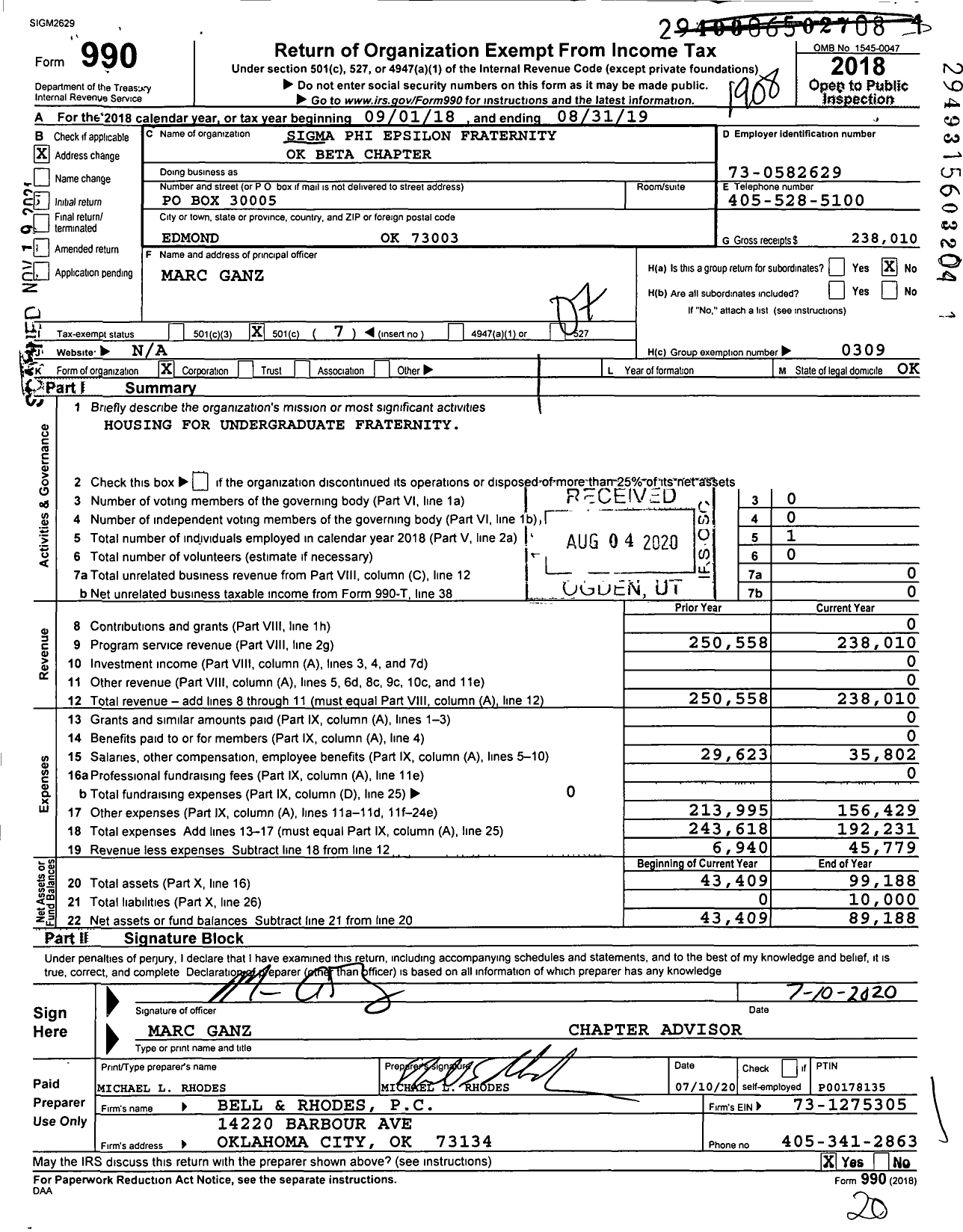 Image of first page of 2018 Form 990O for Sigma Phi Epsilon - Ok Beta Chapter