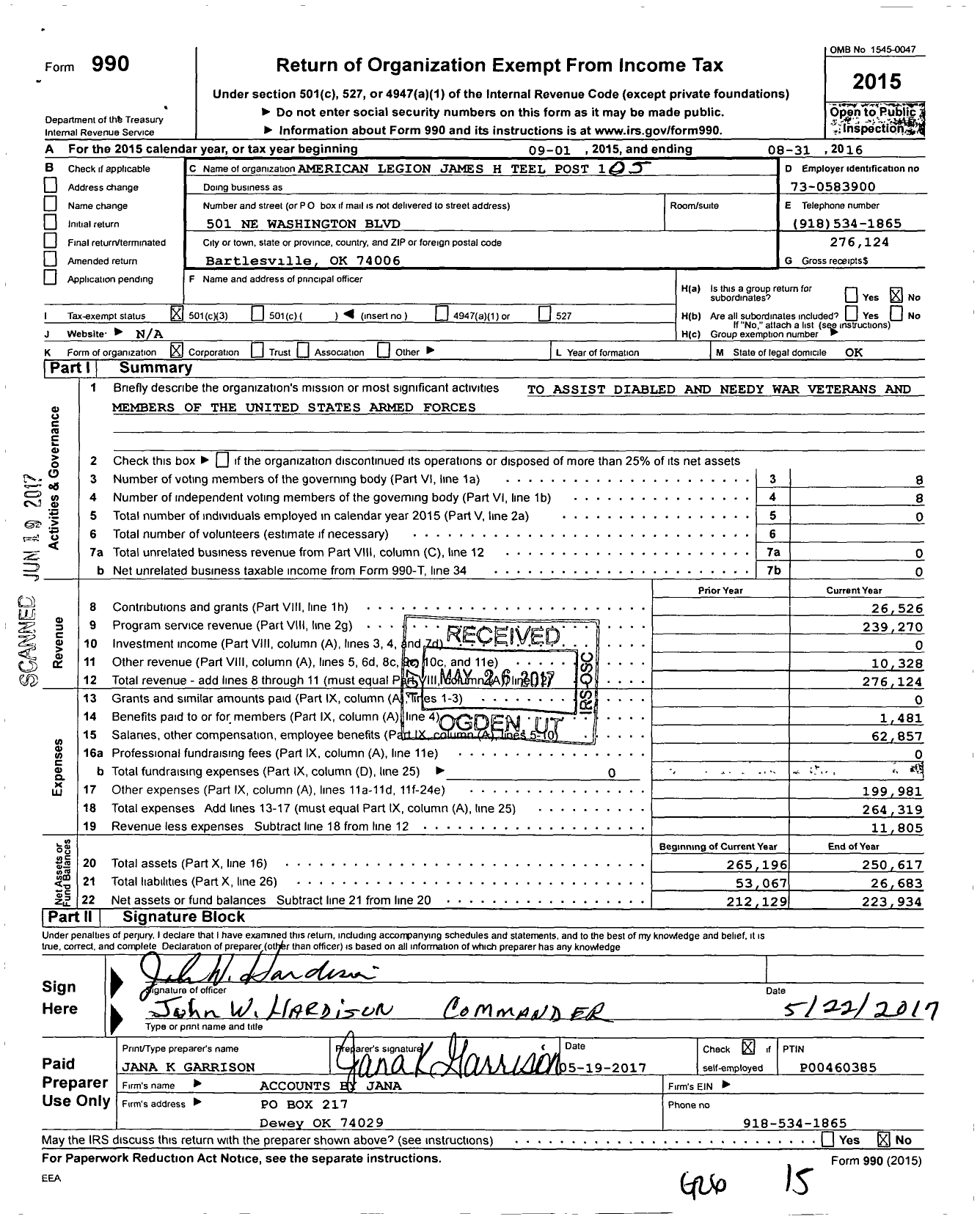 Image of first page of 2015 Form 990 for American Legion - 105 James H Teel