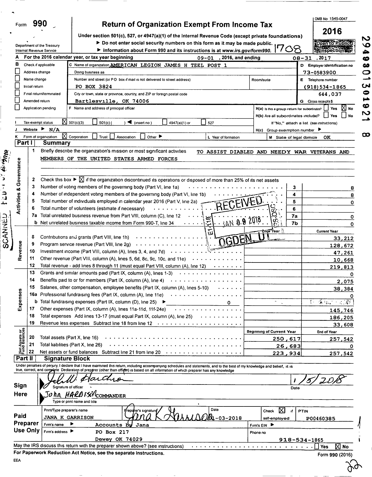 Image of first page of 2016 Form 990 for American Legion - 105 James H Teel