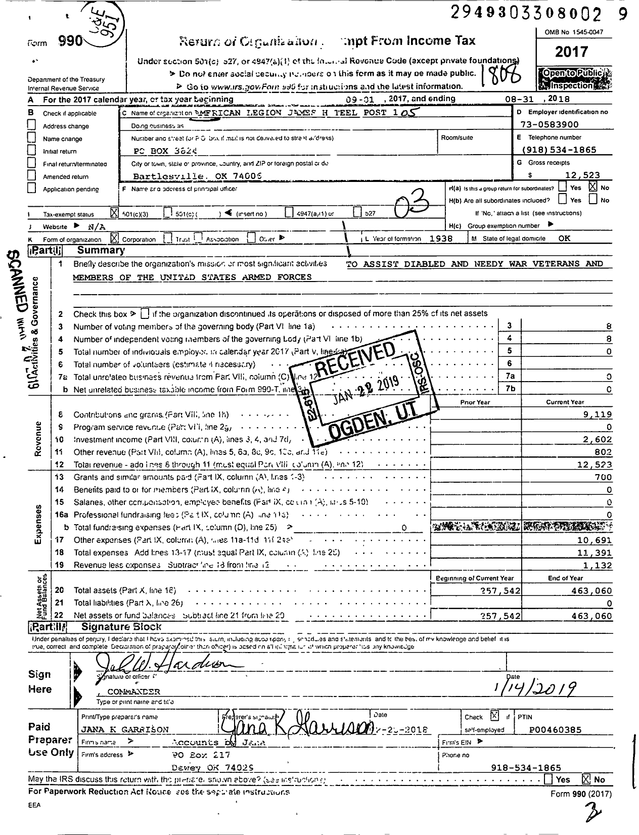 Image of first page of 2017 Form 990 for American Legion - 105 James H Teel