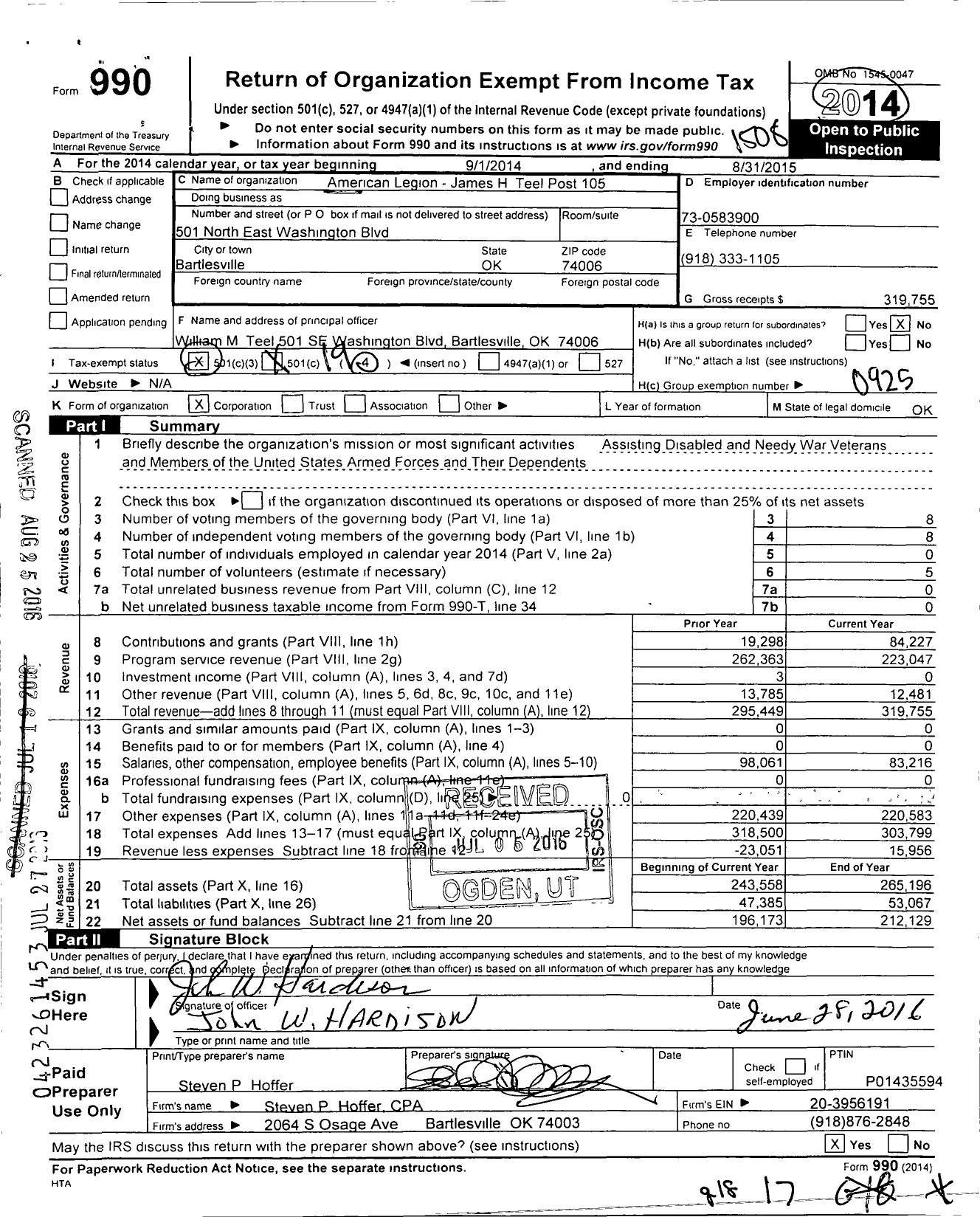 Image of first page of 2014 Form 990O for American Legion - 105 James H Teel