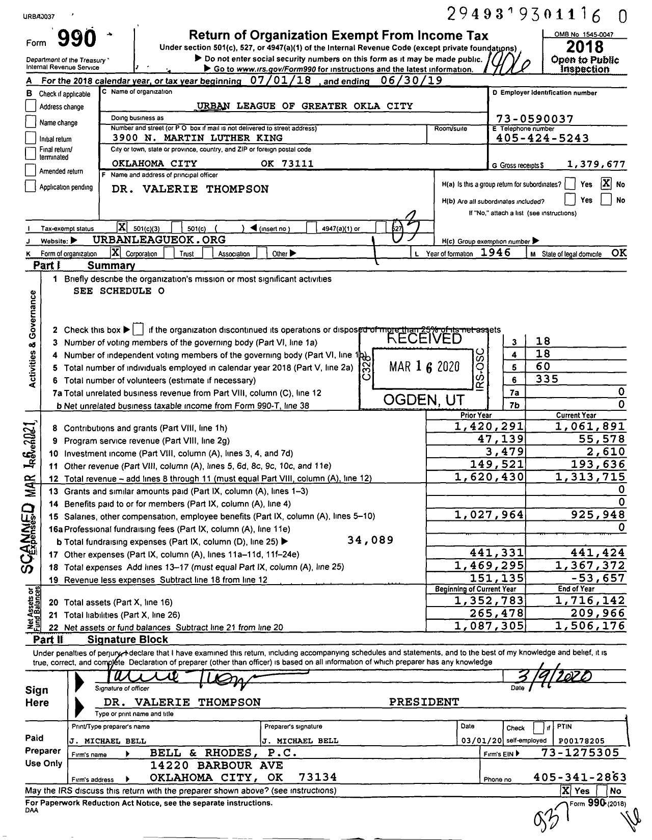 Image of first page of 2018 Form 990 for Urban League of Greater Oklahoma City