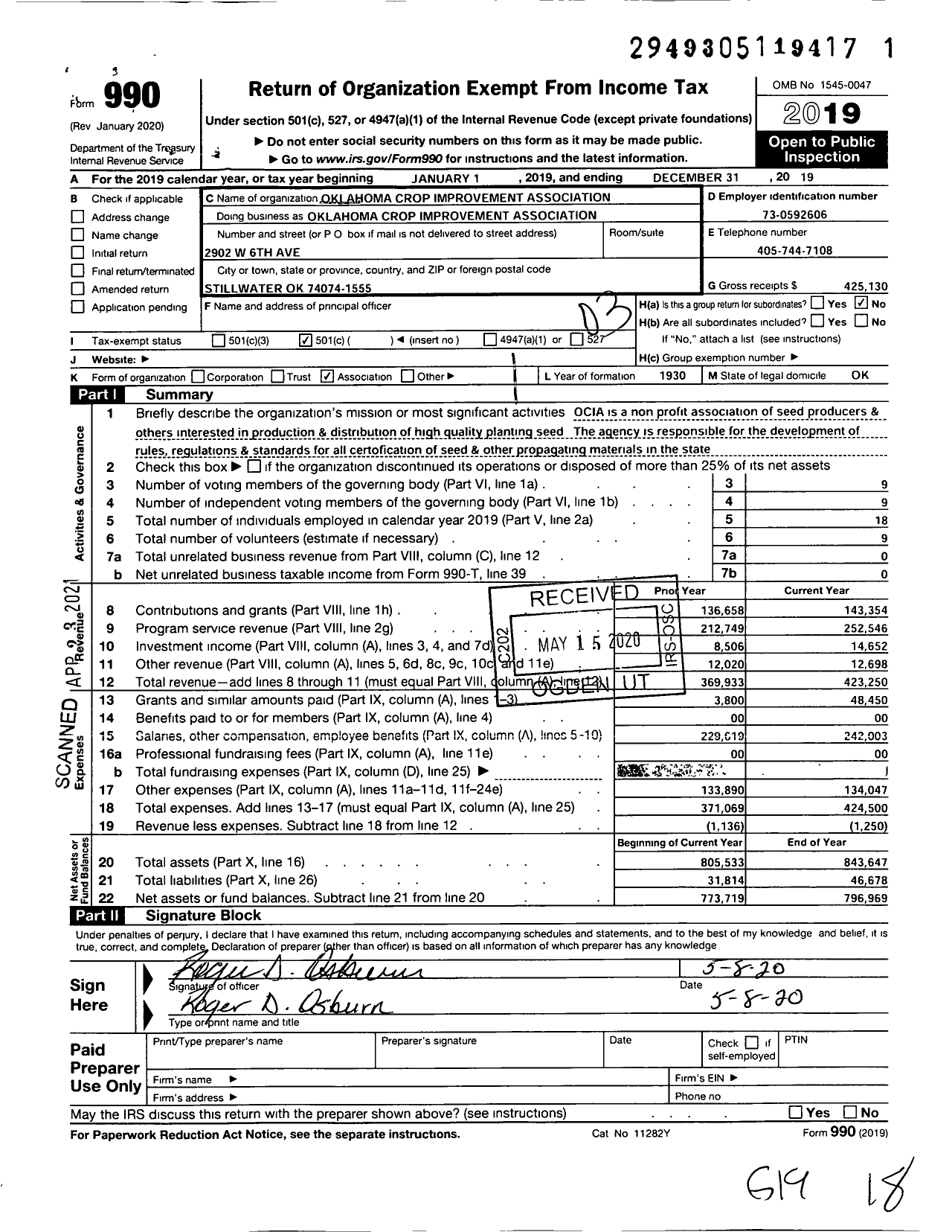 Image of first page of 2019 Form 990 for Oklahoma Crop Improvement Association