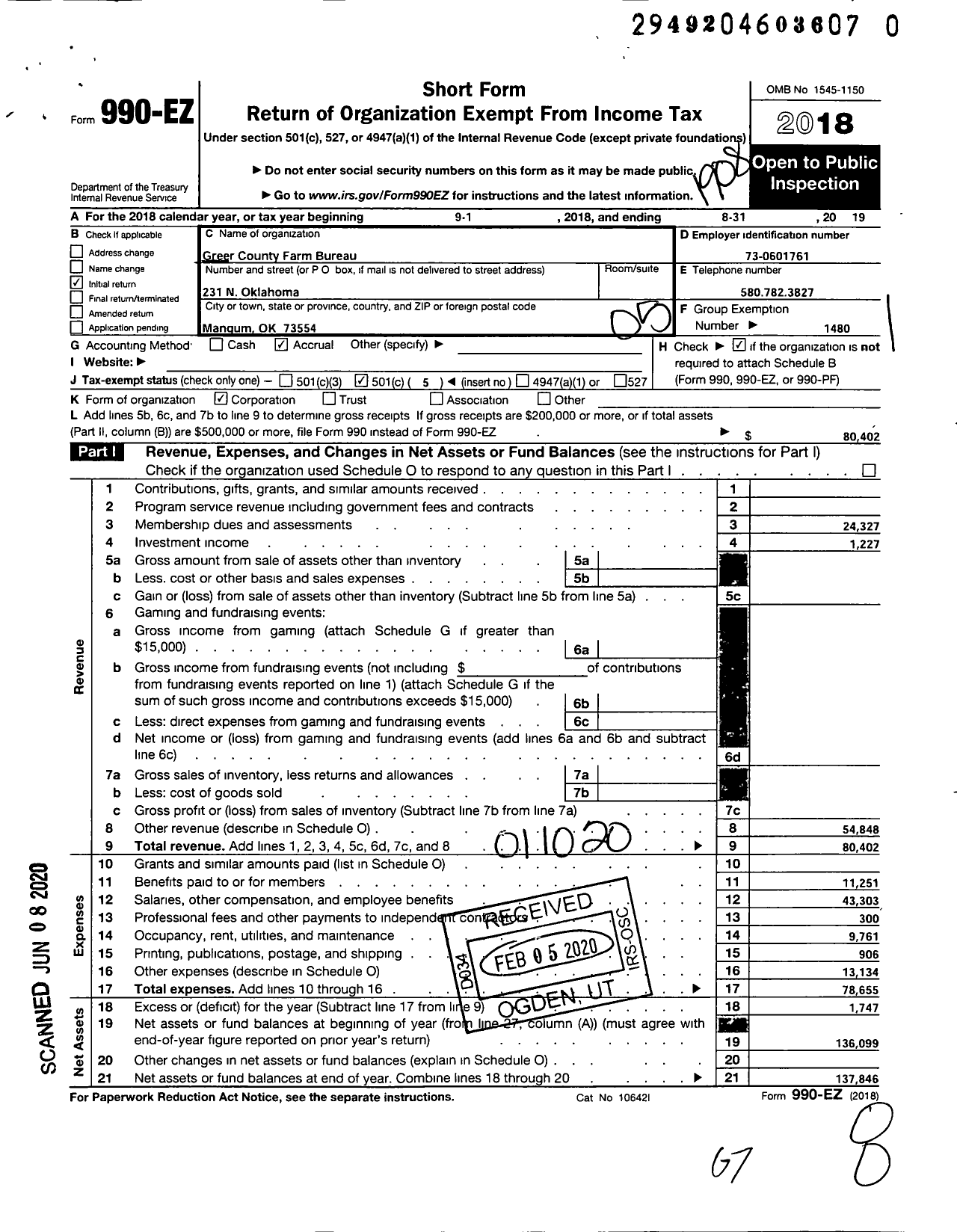 Image of first page of 2018 Form 990EO for Oklahoma Farm Bureau - Greer County