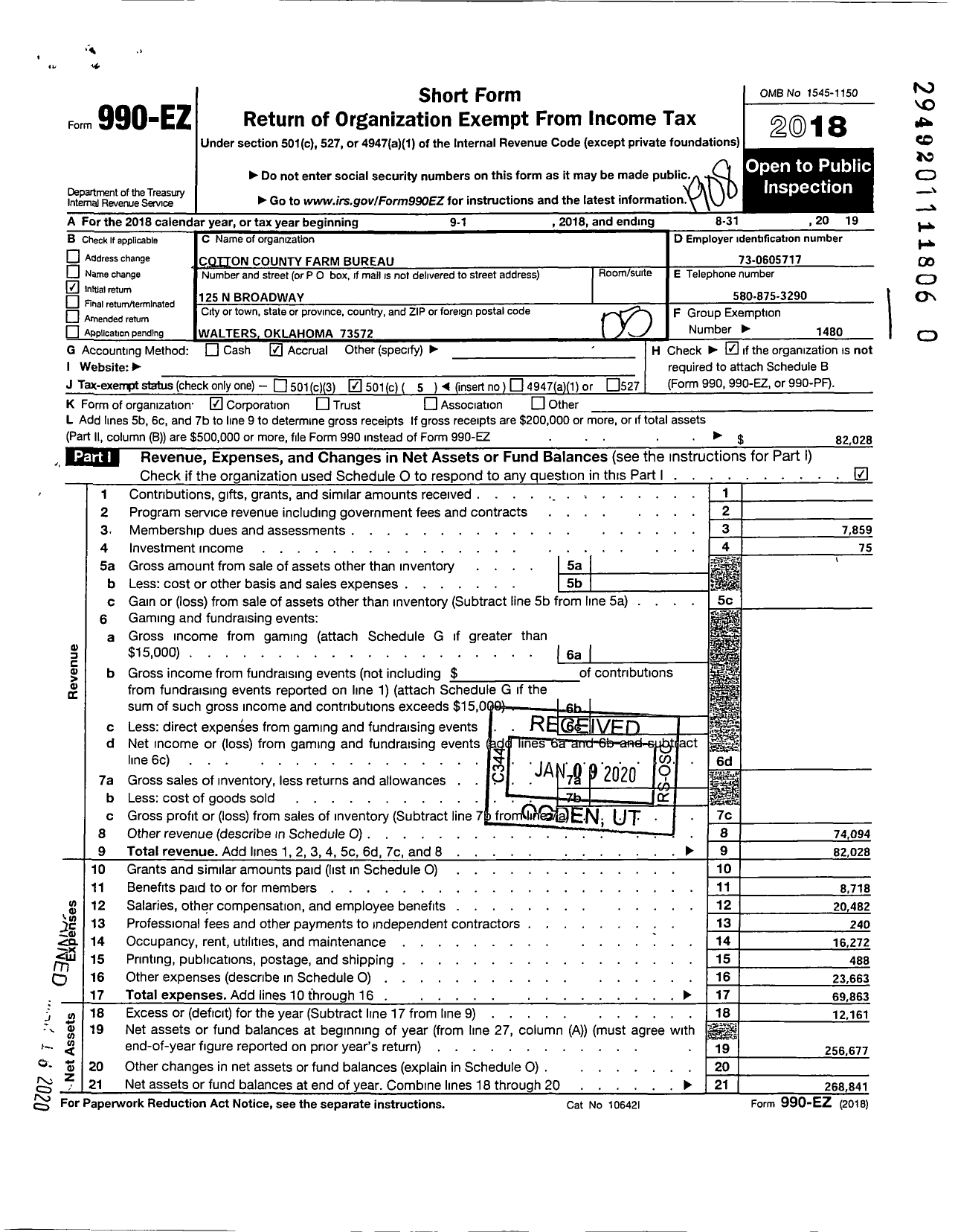 Image of first page of 2018 Form 990EO for Oklahoma Farm Bureau - Cotton County